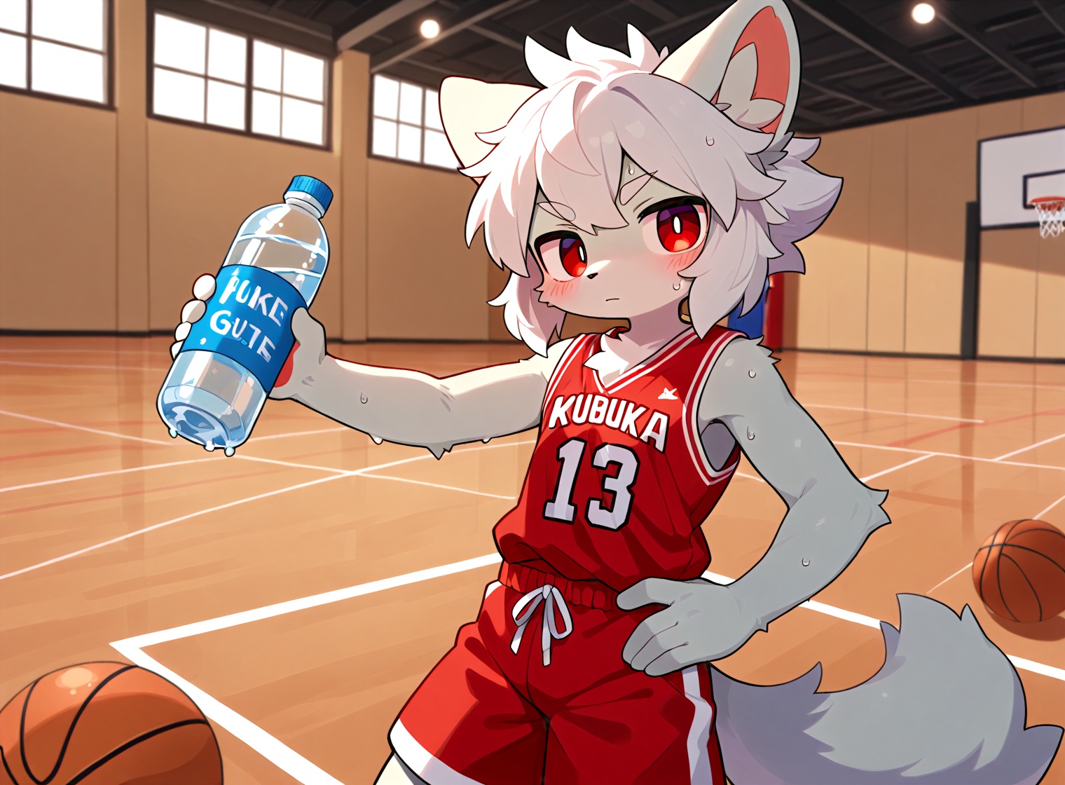 solo,male focus,(white hair,red eyes),indoors,basketball court,looking at viewer,red sleeveless,red shorts,sweat,one hand on hip,holding water bottle,hand on hip,depth of field.,body fur,furry,