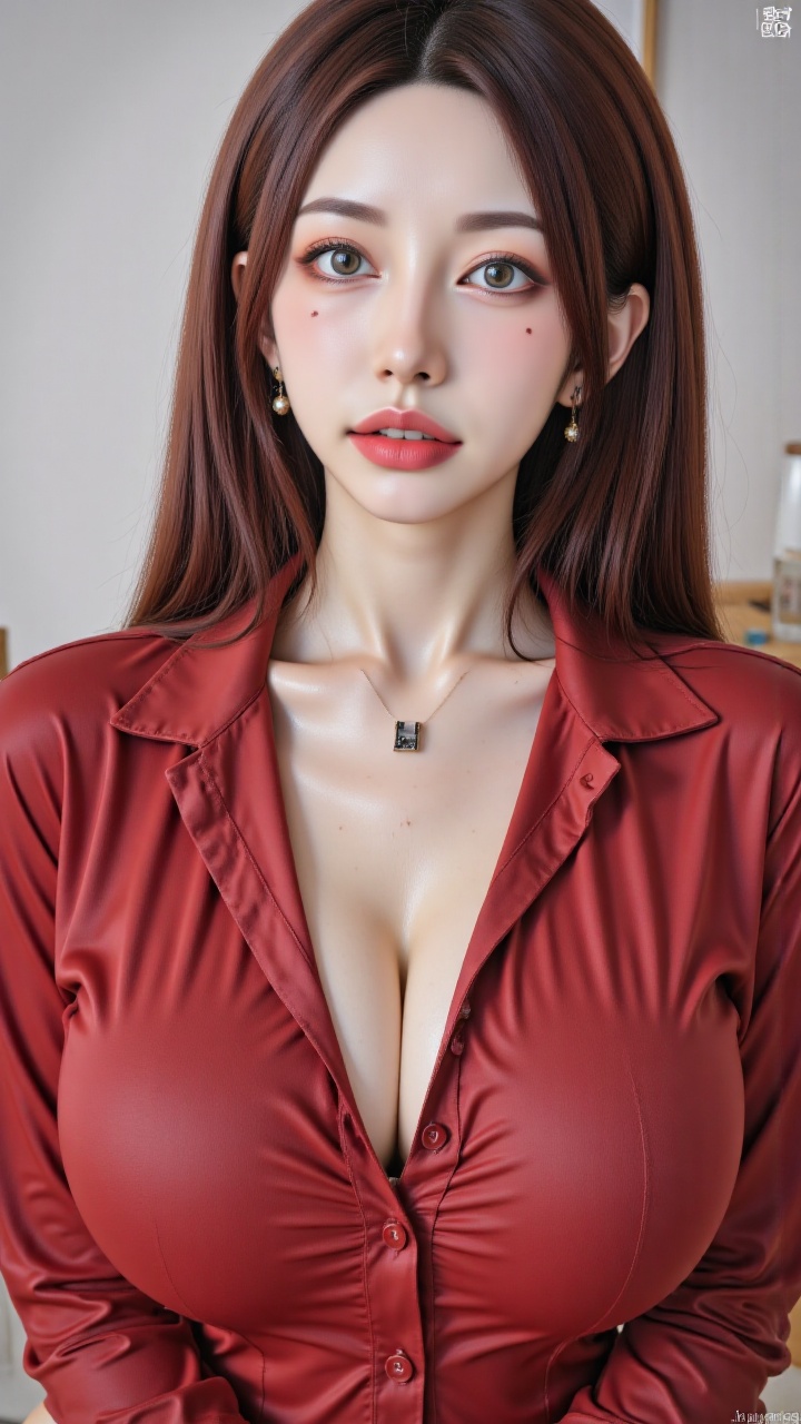 girl,girl,girl,sexy button up stand up collar with side slit sleepwear,(red shirt:1.5),1girl,solo,realistic,jewelry,necklace,gold hair,breasts,blue eyes,(cleavage:1.5),earrings,lips,simple background,looking at viewer,(big breasts1.8),long hair,plunging_neckline,makeup,fashion model,picture-perfect face,flowing hair,shiny skin,full body,(Shooting background board,photostudio),(simple),(masterpiece, top quality),master piece,professional artwork,famous artwork,(realistic,photorealistic:1.37),HDR,UHD,8K,ultra realistic 8k cg,8K,32k,HD,linzhiling,