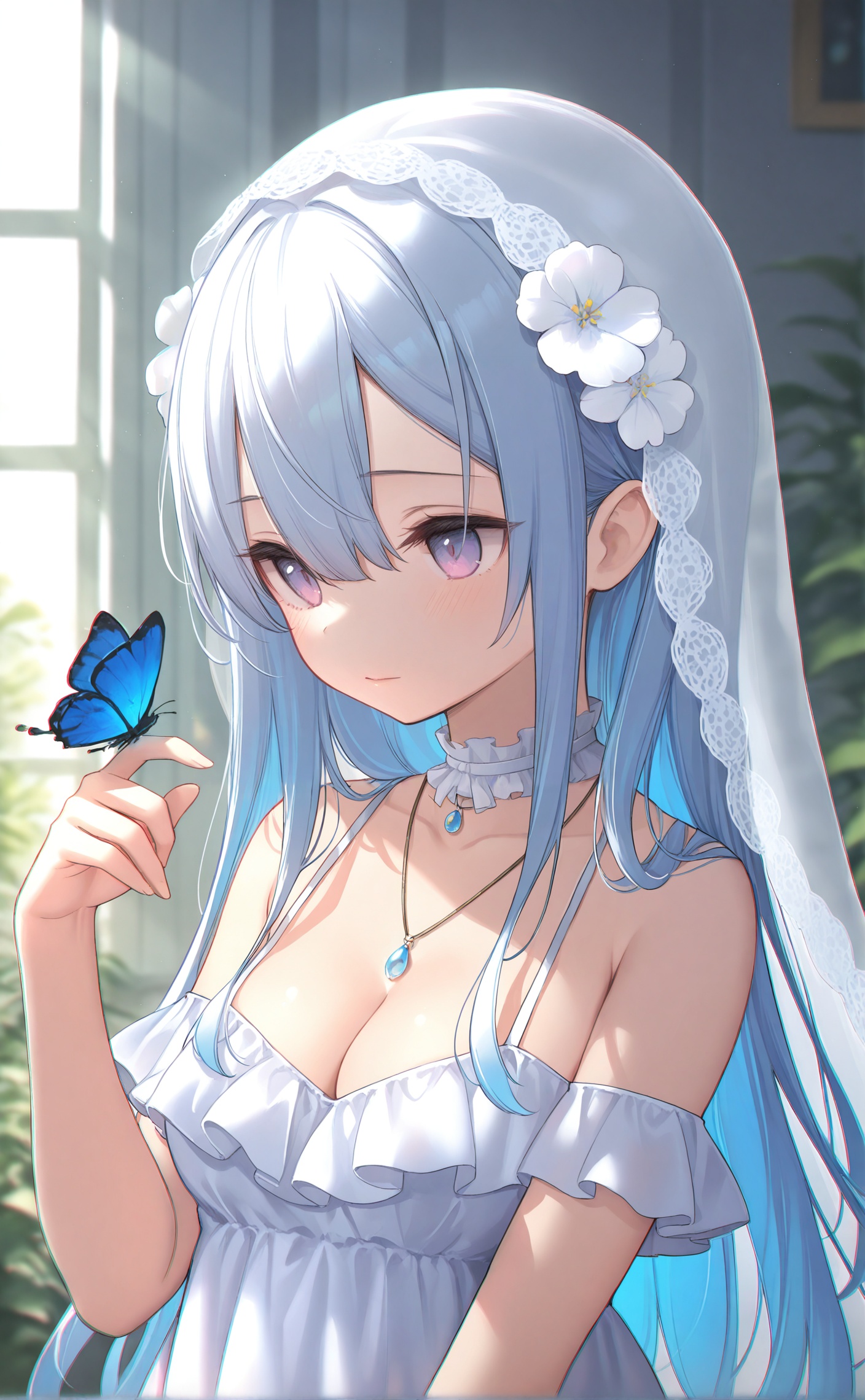 masterpiece,absurdres,best quality,loli,((petite)),high quality,chromatic_aberration,//,1girl,solo,long hair,breasts,bangs,hair ornament,dress,cleavage,hair between eyes,bare shoulders,jewelry,medium breasts,closed mouth,blue hair,purple eyes,upper body,flower,multicolored hair,frills,choker,indoors,hand up,hair flower,necklace,blurry,sunlight,bug,white flower,butterfly,veil,blue butterfly,butterfly on hand,<lora:12.3.2:0.8>,