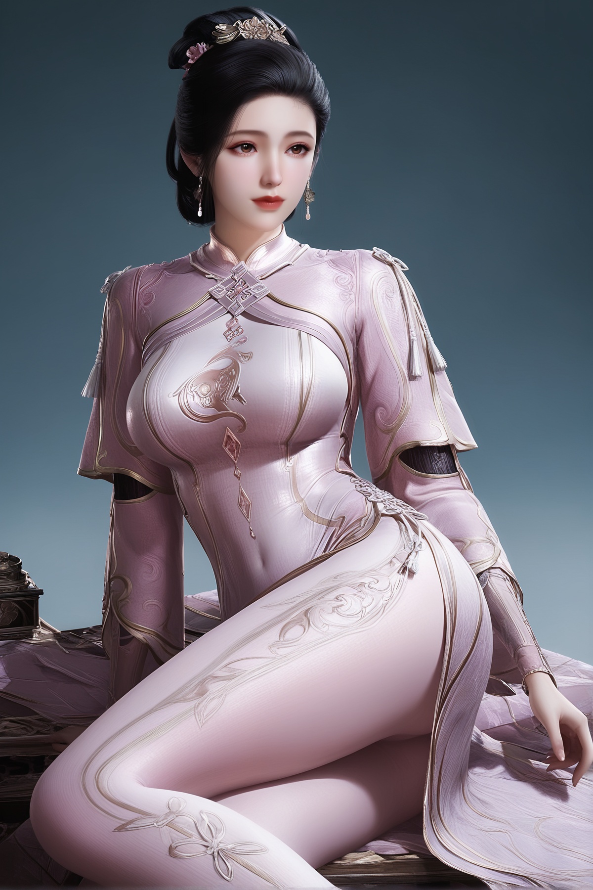 masterpiece,best quality,realistic,cinematic,detail eyes,(ultra-detailed),perfect composition,intricate details,absurdres,detailed face,high quality,high res,8K,,<lora:X_nanshuishui_IL2.0:0.8>,1girl,big breasts,black hair,brown eyes,pink dress,chinese_clothes,hair_ornament,pink tights,solo,legs,simple background,sitting,