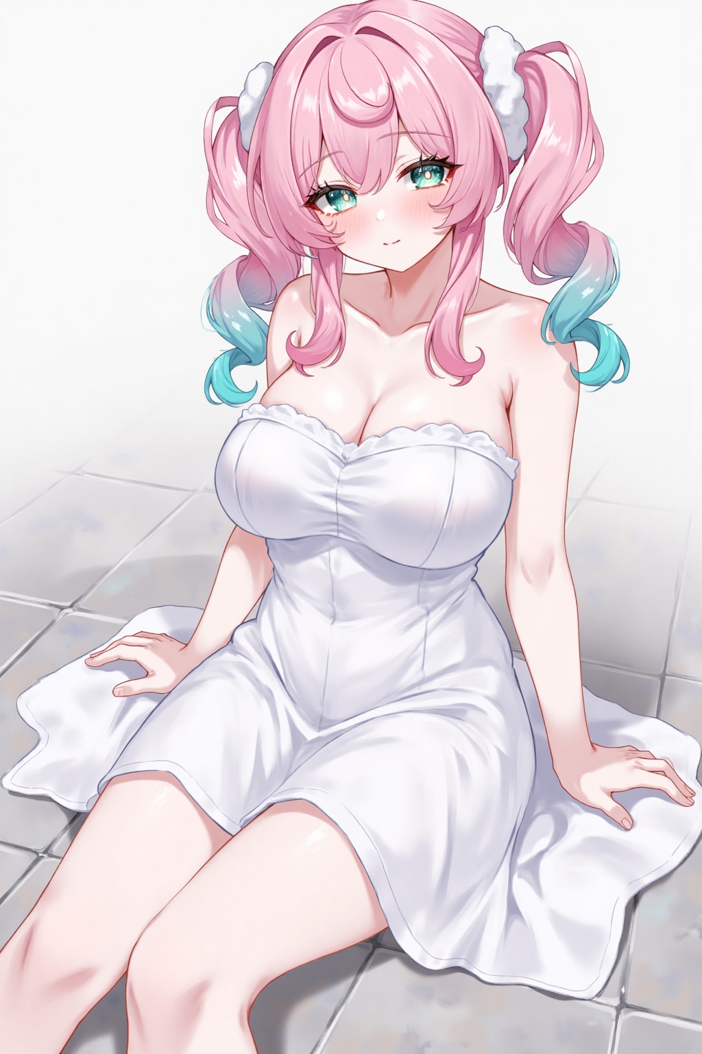 hyacine,cool,1girl, breasts, pink hair, solo, naked towel, towel, sitting, cleavage, looking at viewer, multicolored hair, twintails, barefoot, blush, wet, collarbone, blue hair, bare shoulders, closed mouth, toes, tiles, feet, long hair, tile floor, aqua eyes, wariza, gradient hair, large breasts