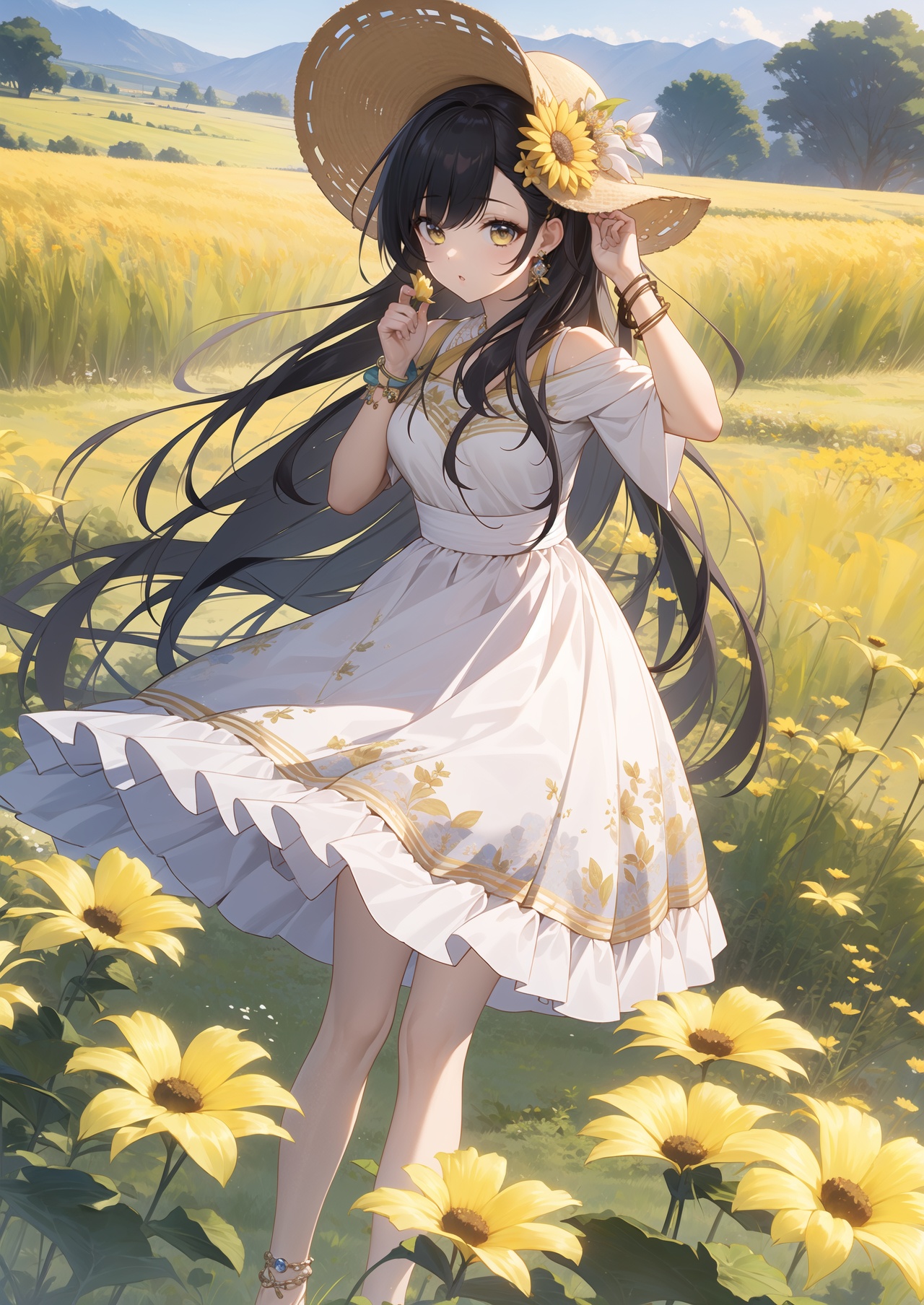 masterpiece,best quality,1girl,solo,long hair,black hair,field,flower,hair ornament,outdoors,white skirt,skirt,yellow flower,jewelry,hat,bracelet,dress,