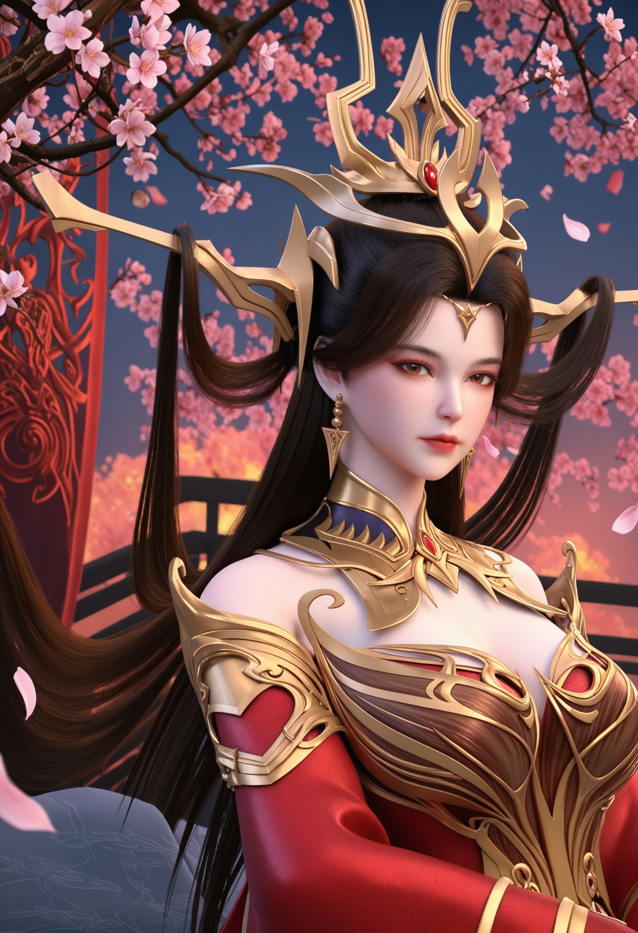 (upper_body:1.2),(looking at viewer:1.1),masterpiece,(best quality),smog,Dark room,dim lighting,peach blossom,falling petals,<lora:YQ_Illustrious光辉v5_朱雀若天_V1:0.8>,q1528437228,1girl,solo,long hair,hair ornament,jewelry,earrings,brown hair,black hair,dress,red dress,detached sleeves,detached collar,red eyes,long sleeves,brown eyes,collar,metal collar,wide sleeves,blue eyes,high heels,hair rings,chinese clothes,headgear,forehead mark,