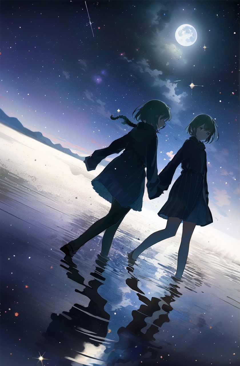 masterpiece,best quality,high quality,highres,star \(sky\),constellation,sky,starry sky,holding hands,reflection,dress,night,2girls,moon,night sky,wading,water,outdoors,reflective water,dutch angle,short hair,braid,mountainous horizon,white dress,long sleeves,barefoot,shoes,shooting star,milky way,standing,walking,