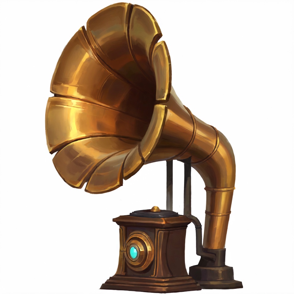 @riot.The image depicts a stylized,  mechanical device that resembles a vintage phonograph. The design is reminiscent of e...