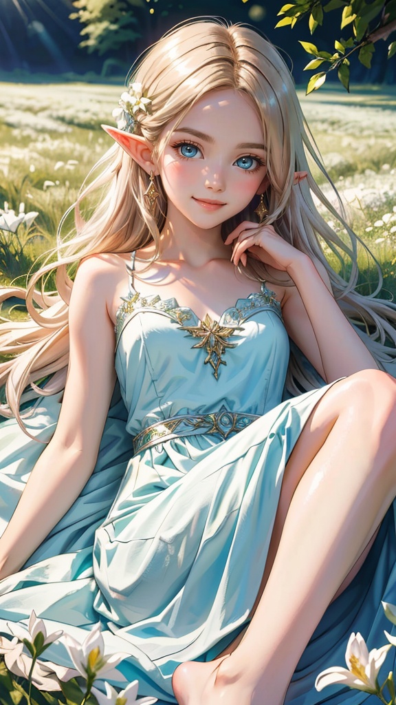 masterpiece,  best quality,  elf adventurer lying down in a field of white flowers on Tensor.Art