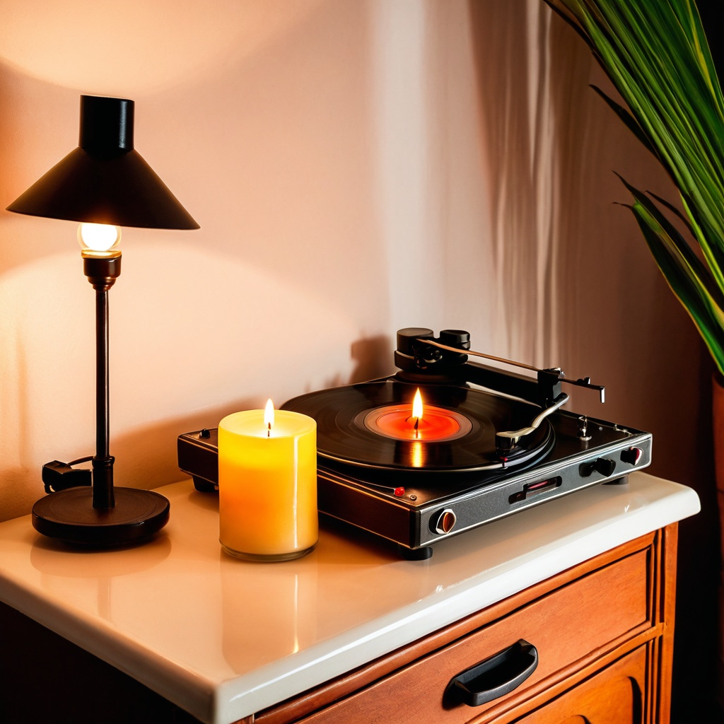 scenevintarecor,  a scented candle,  vintage record player corner on Tensor.Art