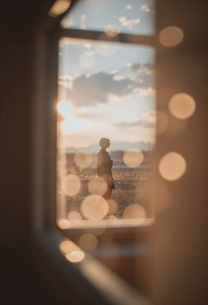 Through an untouched window at dusk,  a lone figure stands in sharp clarity against a fading sky. Layered over them are so...