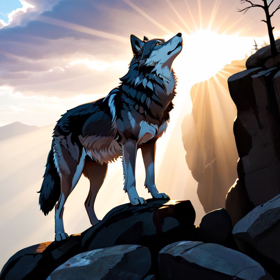 Photo of a majestic grey wolf standing proudly on a rocky cliff,  with the sunlight streaming through the clouds behind it...