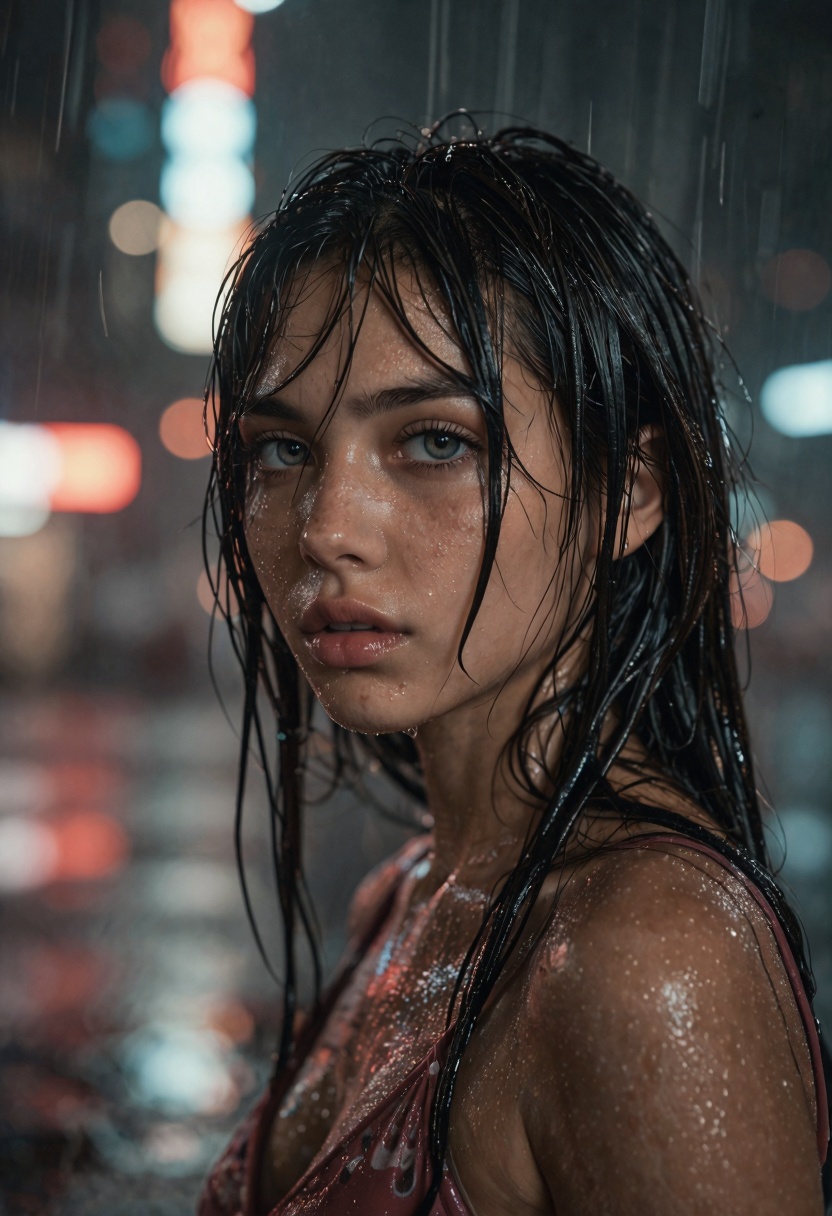 masterpiece,  cinematic portrait of a young woman standing in heavy rain at night,  neon reflections on Tensor.Art
