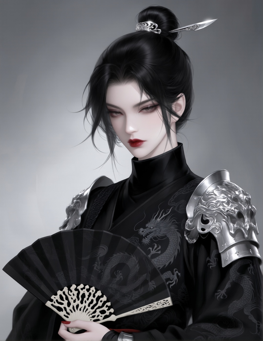 一幅五官端正,  黑发光滑的女人肖像,  用银匕首般的发夹紧紧地挽成一个发髻 by 小狗宾利 on Tensor.Art