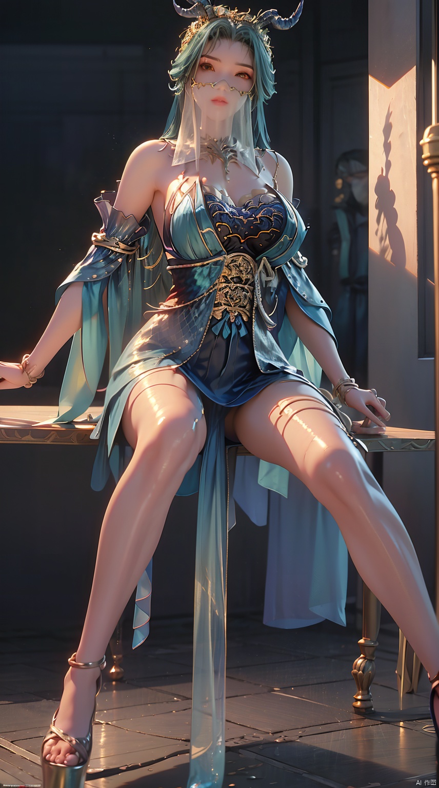 1girl, solo, long hair, looking at viewer, bare shoulders, closed mouth, blue hair, yellow eyes, upper body, horns, blurry, lips, blurry background, veil,mouth veil, ((poakl)),full-body,Perfectly proportioned,ray tracing,Bare Feet,shiny_skin,oil,Show your long legs,Red high heels,(Sitting:1.5),Beautiful thighs, show the thighs<lora:EMS-410555-EMS:0.800000>, <lora:EMS-1006-EMS:1.500000>