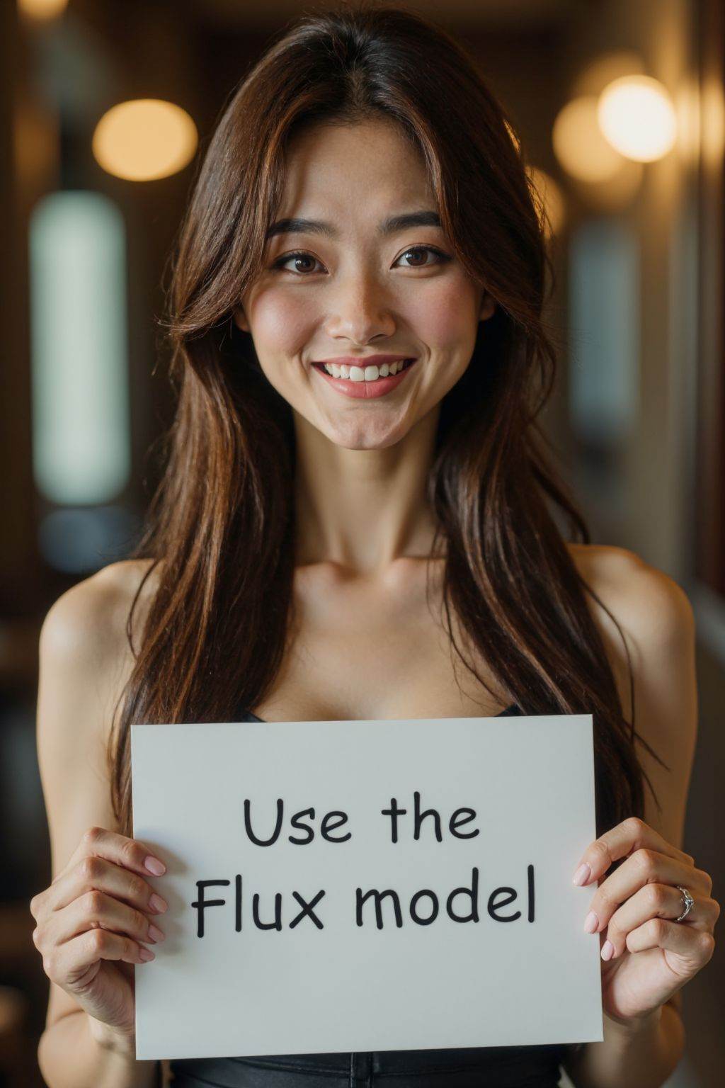 HDR photo of cinematic film still instagram photo, closeup face photo of 20 y.o, pale skin, smile, large breasts, extremely slim waist, long straight hair, elegant dress, holding a sign with text "Use the flux model", . shallow depth of field, vignette, highly detailed, high budget, bokeh, cinemascope, moody, epic, gorgeous, film grain, grainy . High dynamic range, vivid, rich details, clear shadows and highlights, realistic, intense, enhanced contrast, highly detailed