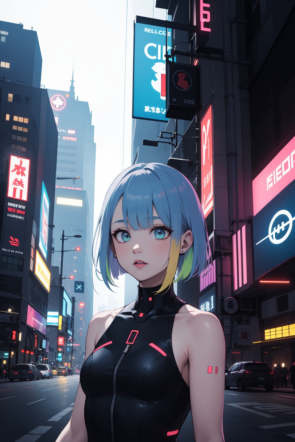 lucy \(cyberpunk\),bob cut,short hair,asymmetrical hair,multicolored hair,<lora:lbc_lucy240408_v1.0:0.8>,