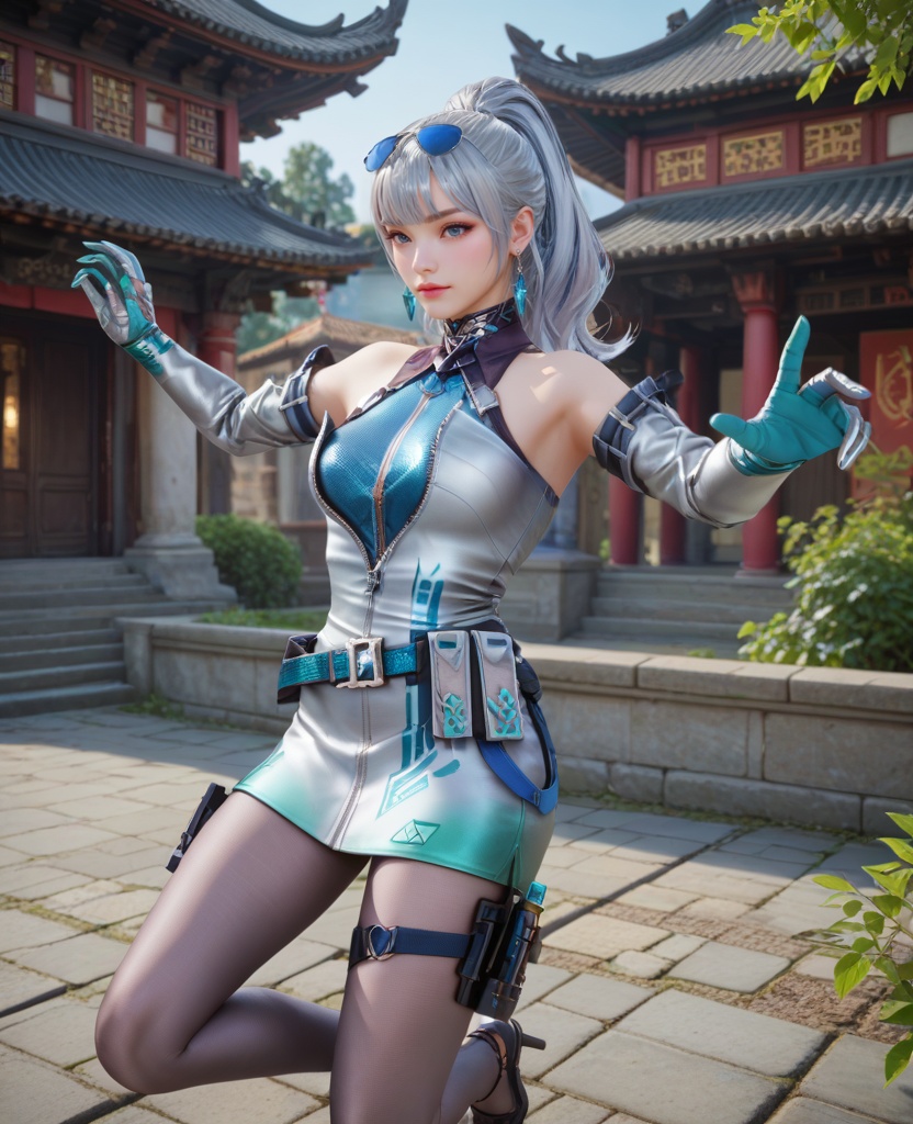 (oriental architecture, elegant decor, sophisticated style:1.1),(Leaning back, arms outstretched, looking relaxed,:1.1),(breasts:1.2),<lora:XL16穿越火线王者雾蒙蒙保卫者:0.95>,miss wumengmeng,short silver dress,blue corset,silver hair,ponytail,long hair,sunglasses,earrings,elbow gloves,belt,holstered,pantyhose,black heels,, score_9,score_8_up,score_7_up,score_6_up,score_5_up,score_4_up,3d rendering,tag1,tag2, Cinematic Lighting,backlighting,, zPDXL3, zPDXL2,zPDXL, zPDXLxxx, zPDXLrl,