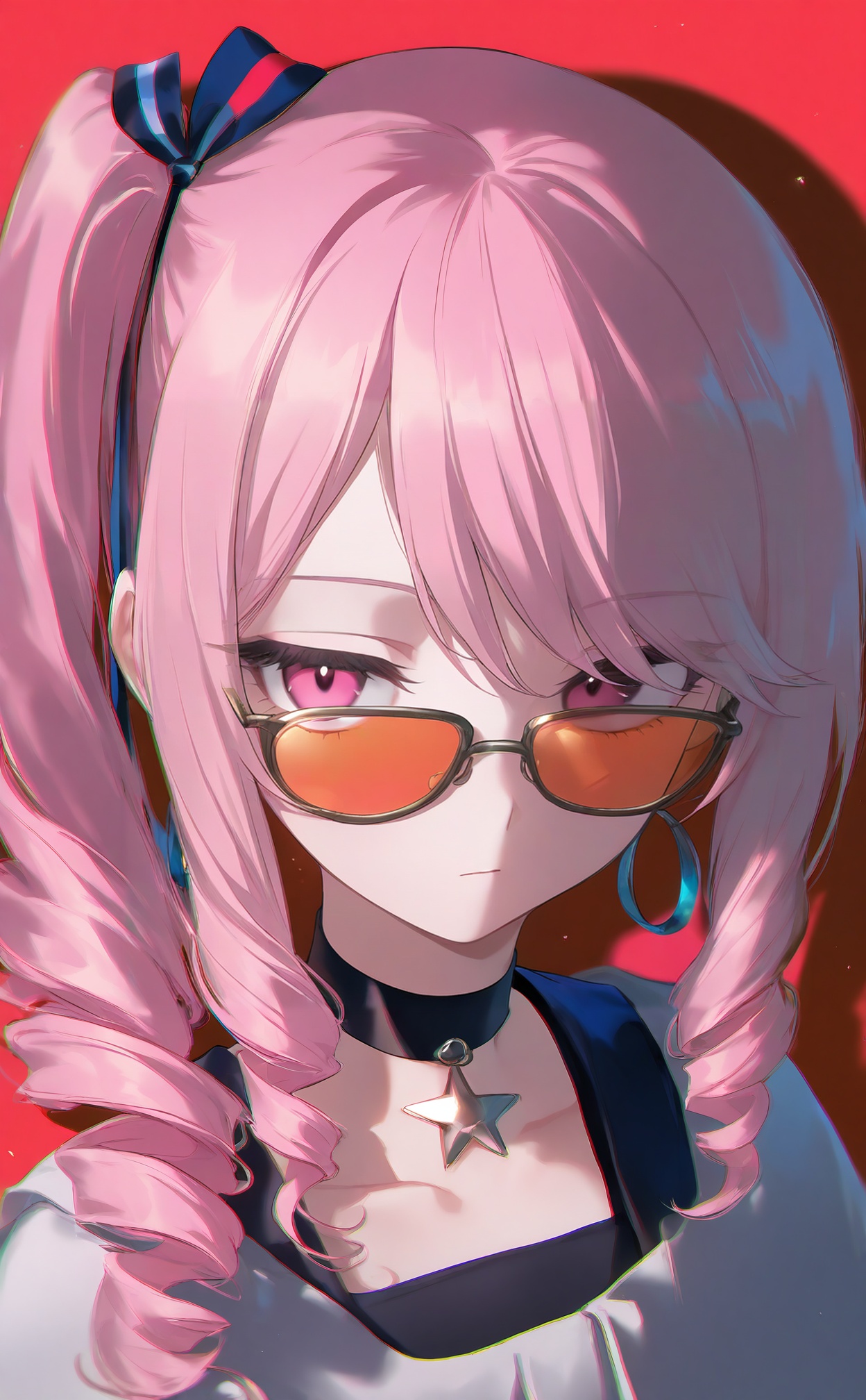 masterpiece,highres,absurdres,newest,best quality,high quality,loli,petite,chromatic_aberration,//,akiyama_mizuki,1other,pink_hair,choker,androgynous,jewelry,side_ponytail,pink_eyes,hoop_earrings,tinted_eyewear,solo,black_choker,red_background,sidelocks,sunglasses,looking_at_viewer,orange-tinted_eyewear,shadow,striped_ribbon,side_drill,earrings,long_hair,drill_hair,ribbon,hair_ribbon,portrait,closed_mouth,star_\(symbol\),glasses,simple_background,looking_over_eyewear,other_focus,collarbone,two-tone_ribbon,eyelashes,light_particles,curly_hair,bow,expressionless,blue_ribbon,black_ribbon,ringlets,//,//,<lora:nyalia4——【noob】hans:1>,
