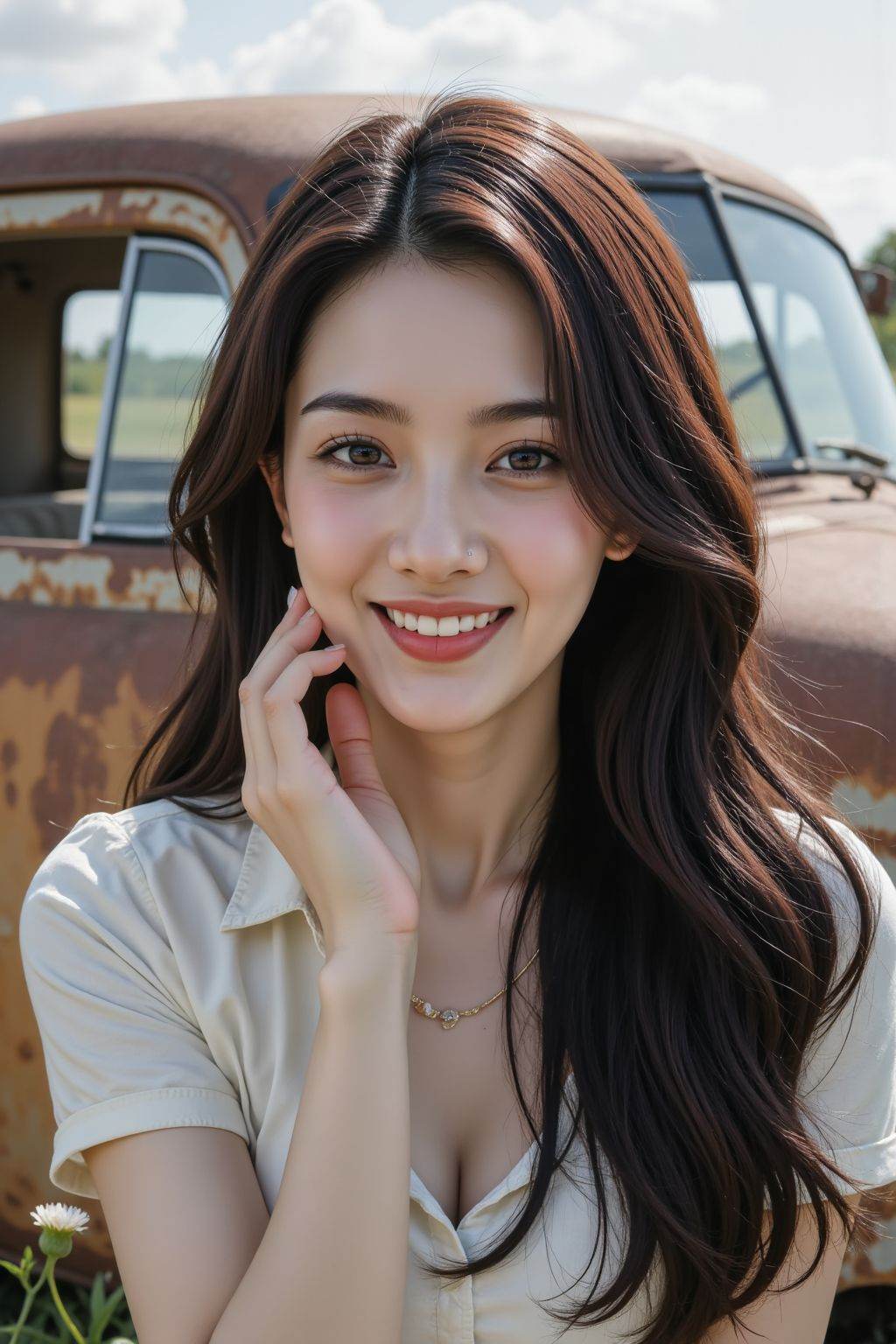 This is a clear vedio picture of A vibrant woman with long hair and a radiant,shirt,cheerful demeanor,red lips,slim,The background is a rusted,abandoned truck with its windows shattered and body corroded,surrounded by a sea of overgrown weeds,Soft natural light reflects off the corroded metal,highlighting the small,resilient flowers that have taken root around it,