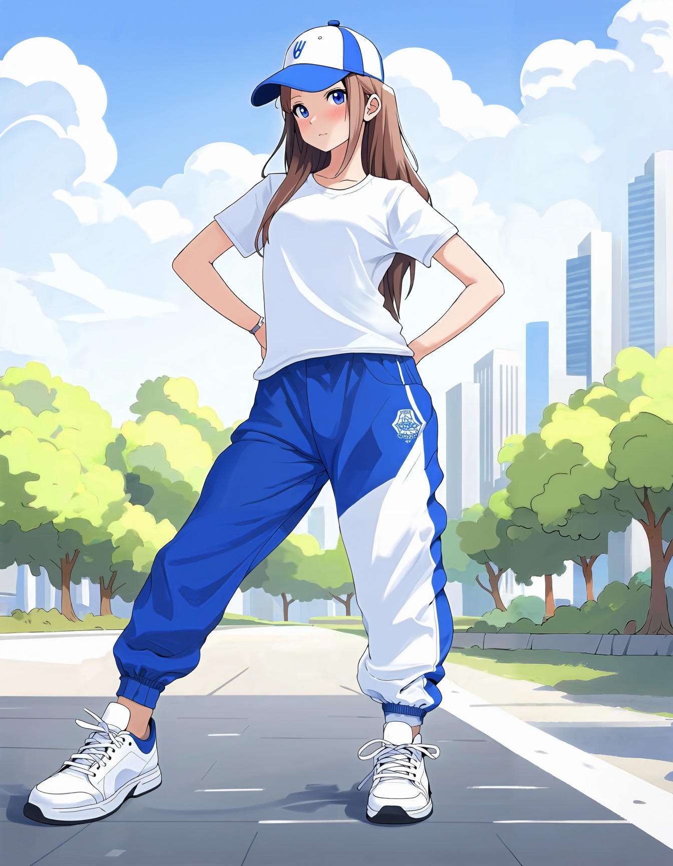anime style,  anime girl in blue and white outfit posing with her hands on her hips,  wearing a baseball cap and blue jogg...