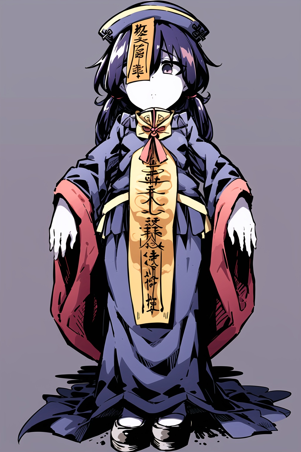 1girl,wsjs,jiangshi,chinese zombie,empty eyes,ofuda,spell,jiangshi costume,look at different places with both eyes,pale skin,the whole body,full body,simple background, 