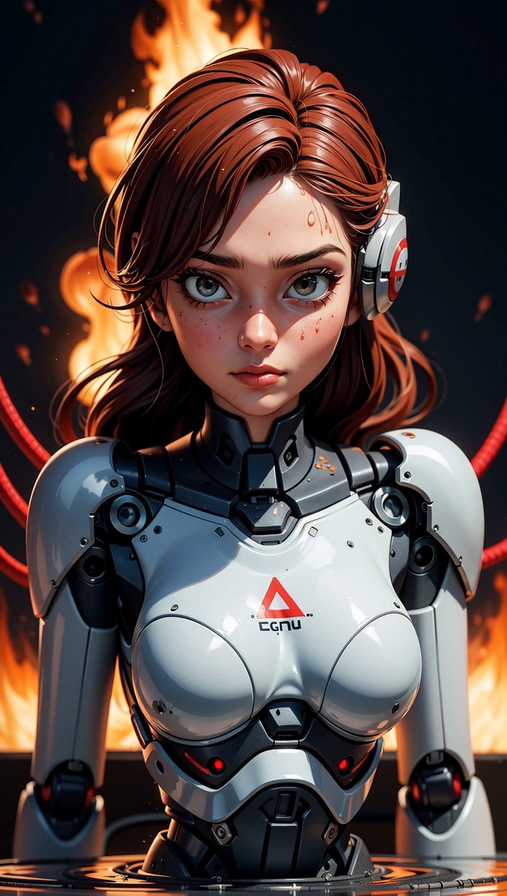 beautiful woman with with a robotic body coming out of oily water that is on fire. wires and particles in the backround on...