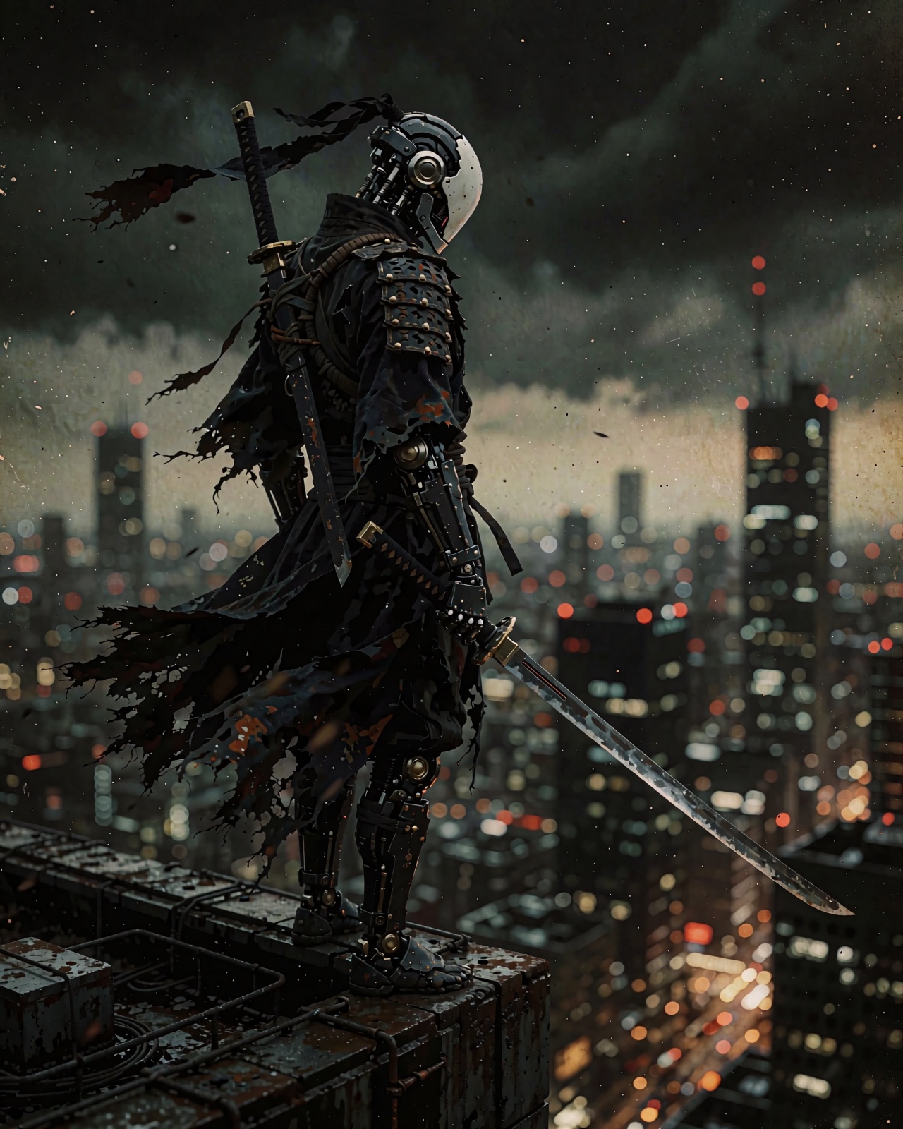 ZeroStress. Bask in the realm of expressionism. In a haunting scene,  a robotic ninja stands on the roof of a skyscraper....