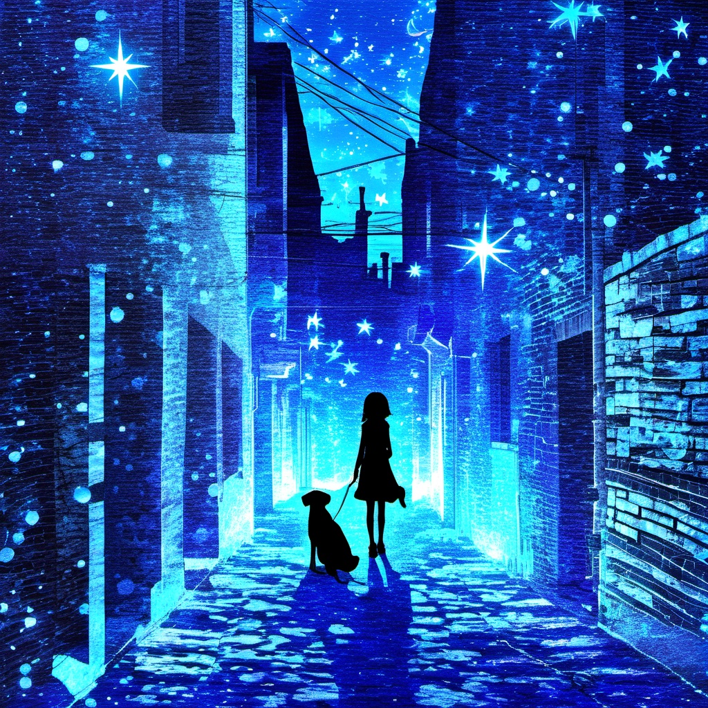 <lora:star_xl_v1:1>,The image portrays a serene and dreamlike urban setting at night. A narrow alleyway, bordered by old buildings, is illuminated by a soft blue glow, possibly from the moon or some other celestial body. The alley is adorned with floating star-like particles, giving it a magical ambiance. In the foreground, a silhouette of a girl stands with her back to the viewer, holding a dog by its leash. The girl appears to be gazing into the distance, possibly lost in thought. The overall mood of the image is contemplative and ethereal, with the blend of natural and urban elements creating a sense of wonder., serene, dreamlike, urban setting, narrow alleyway, old buildings, soft blue glow, star-like particles, girl, dog, silhouette, thought, wonder