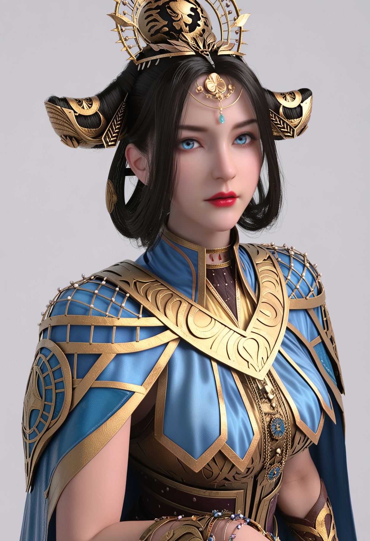 score_9,high detail,best quality,shiny skin,shiny,1girl,solo,blue eyes,black hair,hair ornament,white background,lips,realistic,jewelry,red lips,crown,cape,closed mouth,bracelet,hair rings,lipstick,makeup,armor,parted lips,looking at viewer,thighs,<lora:QQSponyxiangyunV1:0.8>,<lora:Pony_DetailV2.0:0.8>,<lora:皮肤凹痕:0.1>,