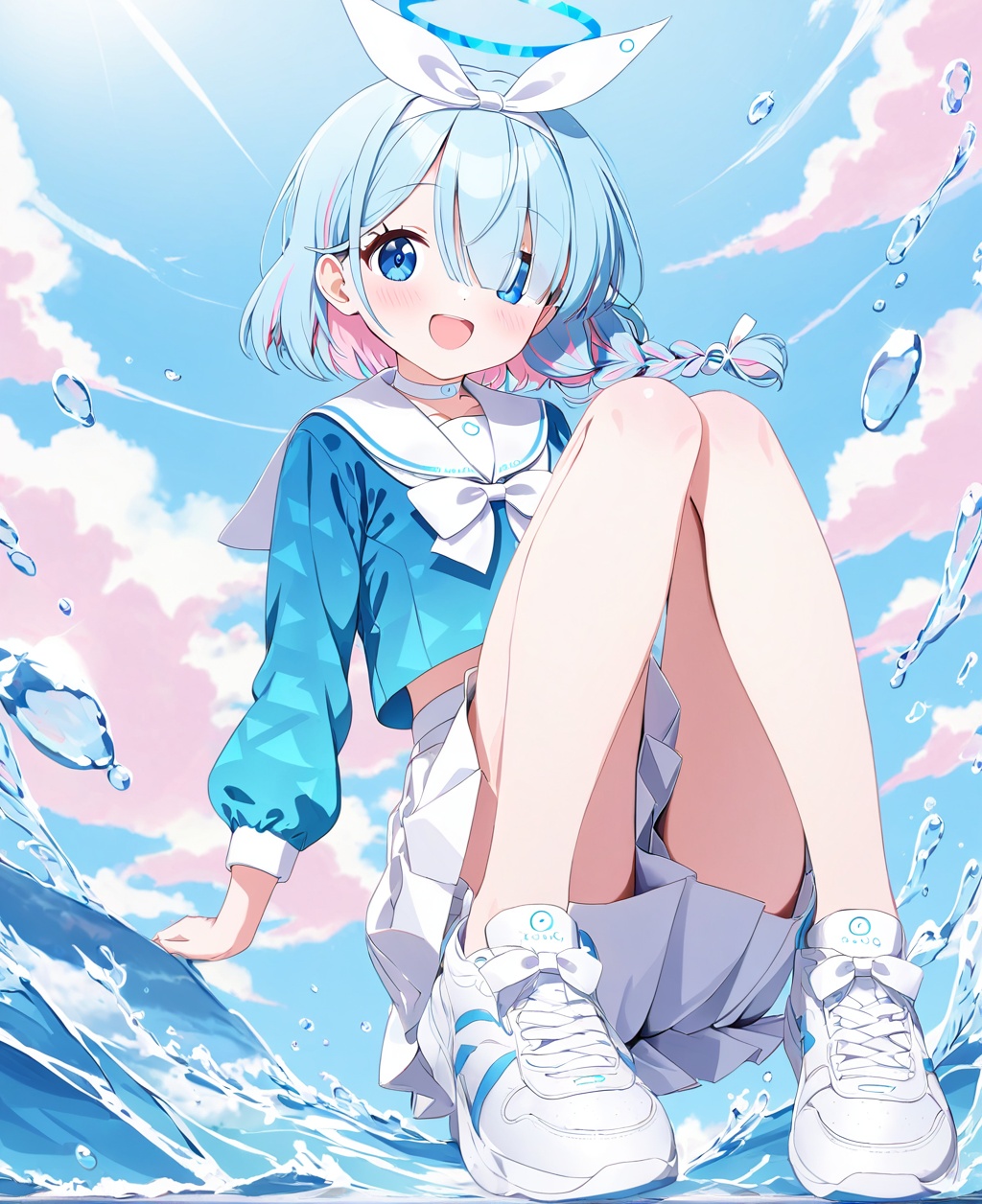arona (blue archive),1girl, arona (blue archive), skirt, solo, blue eyes, shirt, blue hair, shoes, cloud, smile, blue shirt, multicolored hair, sky, white skirt, water, halo, white footwear, looking at viewer, open mouth, bangs, blue sky, sailor collar, pink hair, bow, short hair, hair over one eye, :d, outdoors, white choker, bow hairband, sneakers, choker, white sailor collar, hairband, day, school uniform, braid, long sleeves, water drop, white bow, serafuku, ribbon, full body, white hairband, blush, eyes visible through hair, two-tone hair, neckerchief, white ribbon, colored inner hair, hair ribbon, bare legs, rainbow, pleated skirt, cloudy sky
