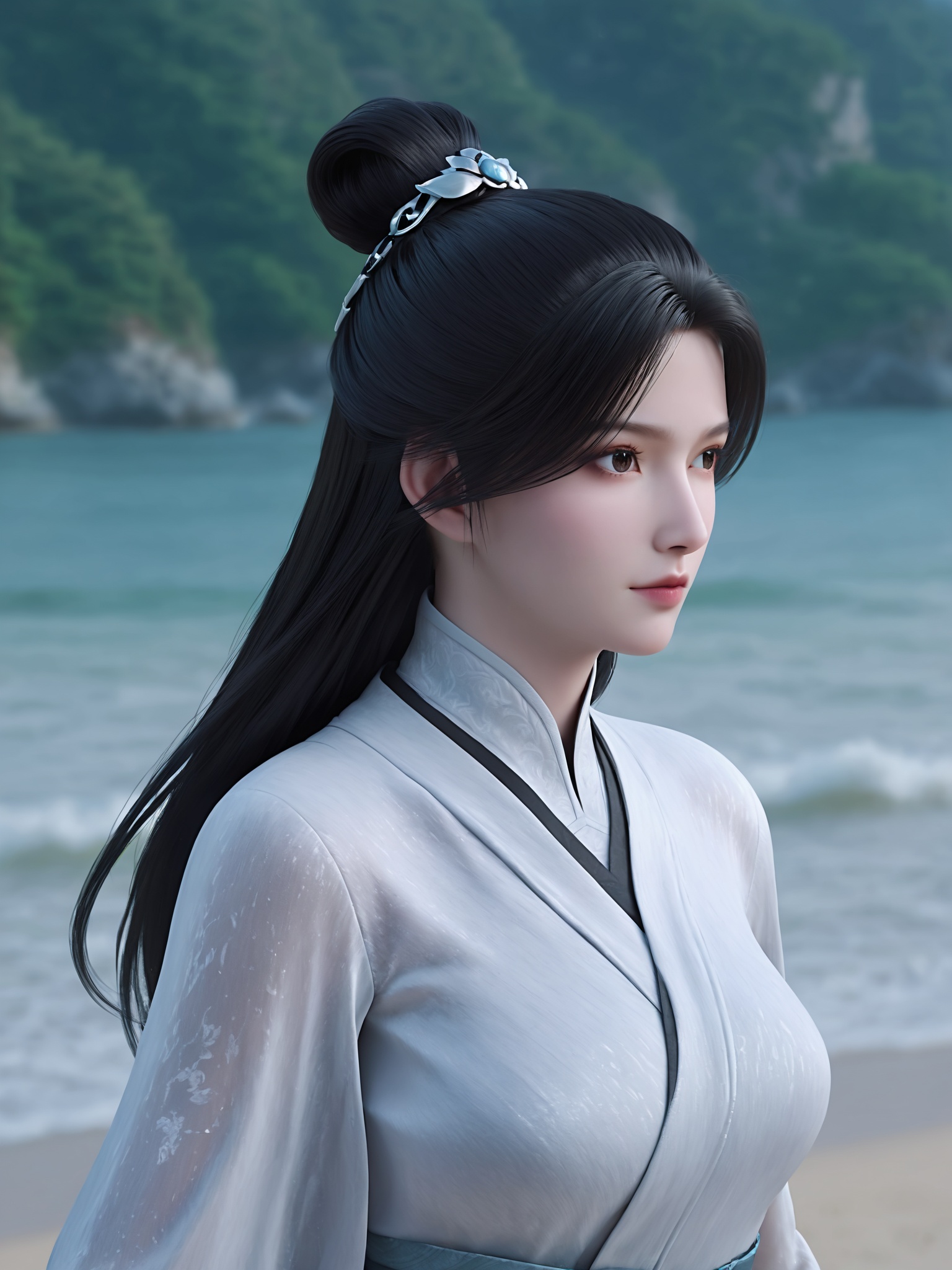 realistic style photo outstanding style,tall,cute,in her teens. Use soft lighting to cast gentle shadows on the subject,adding a touch of dimension to your images without compromising details,score_9,Seaside,beach,waves,<lora:剑来-陈对Pony:0.6>,black hair is styled in an elaborate updo adorned with a floral hairpin,wears a flowing,white silk kimono with intricate,silver embroidery on the sleeves and a wide obi belt,