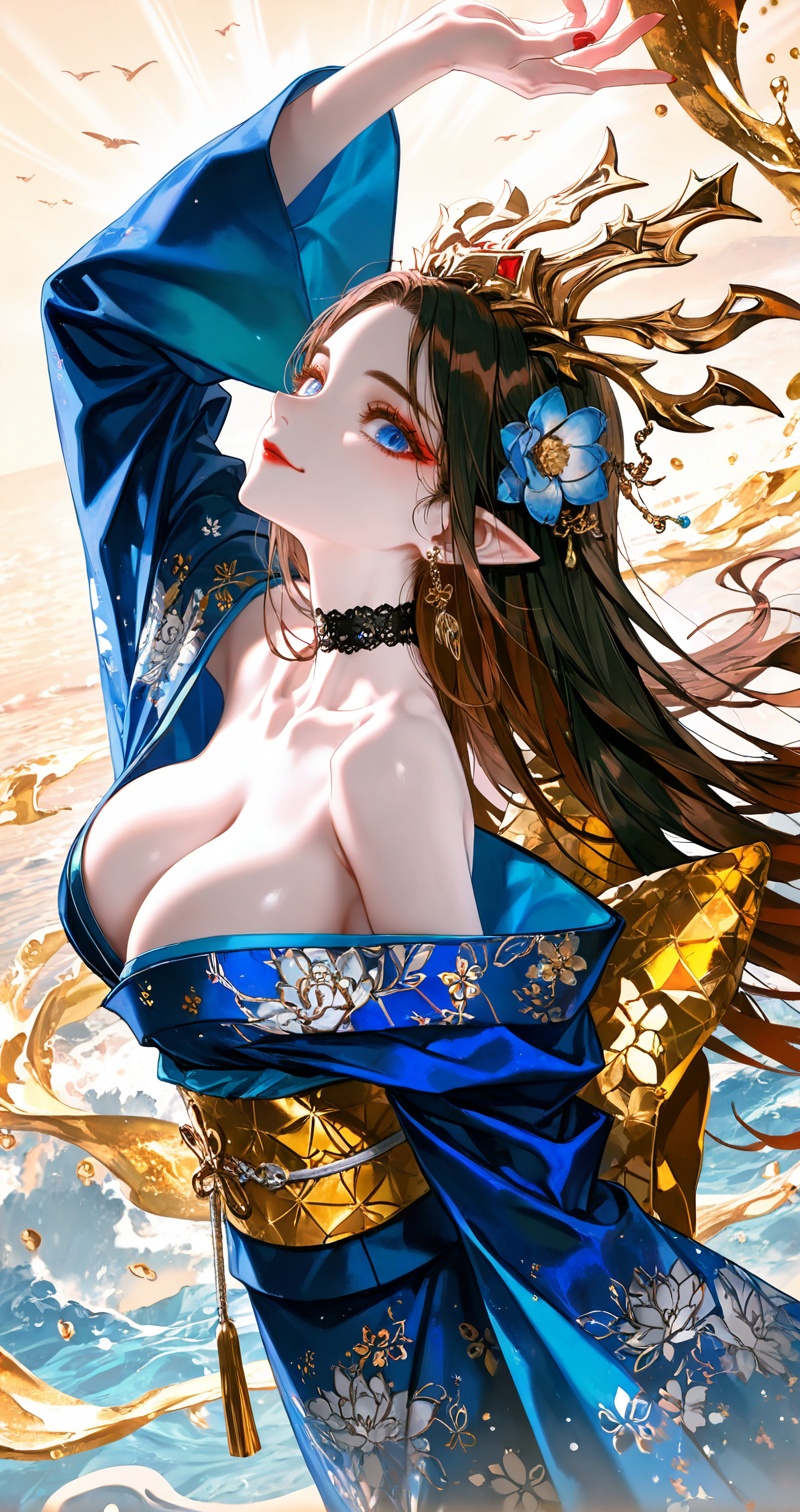 <lora:美杜莎-0.0819:0.7>,meidusha,1girl,pointy ears,solo,long hair,earrings,jewelry,black hair,(crown:1.2),hair ornament,looking at viewer,brown hair,blue eyes,red lips,makeup,1girl,breasts,solo,japanese clothes,kimono,smile,hair ornament,choker,large breasts,flower,looking at viewer,hair flower,wide sleeves,sash,earrings,blue kimono,jewelry,obi,floral print,sideboob,bare shoulders,black choker,off shoulder,long sleeves,alternate costume,close-up details,outstanding style,adding a touch of dimension to your images without compromising details,whirls of vapor,iridescent textures,(Anime:1.1),ethereal ambiance,delicate details,magical high-concept,32K UHD,sharp focus,best-quality,masterpiece,golden hour,unconventional supreme masterpiece,masterful details,temperate atmosphere,with a high-end texture,in the style of fashion photography,photography,cover,dynamic angle,dynamic posture,(artist:quasarcake:0.8),extreme aesthetic,(wlop:0.6),(honjou raita, lack, rella:0.5, wanke),masterpiece,best quality,good quality,very aesthetic,absurdres,visual impact,a shot with tension,ultra-high resolution,32K UHD,sharp focus,best-quality,masterpiece,emotionalization,unconventional supreme masterpiece,masterful details,temperate atmosphere,with a high-end texture,in the style of fashion photography,(visual impact:1.2),giving the poster a dynamic and visually striking appearance,impactful picture,official art,colorful,splash of color,movie perspective,masterpiece,best quality,amazing quality,very aesthetic,absurdres,best quality,newest,