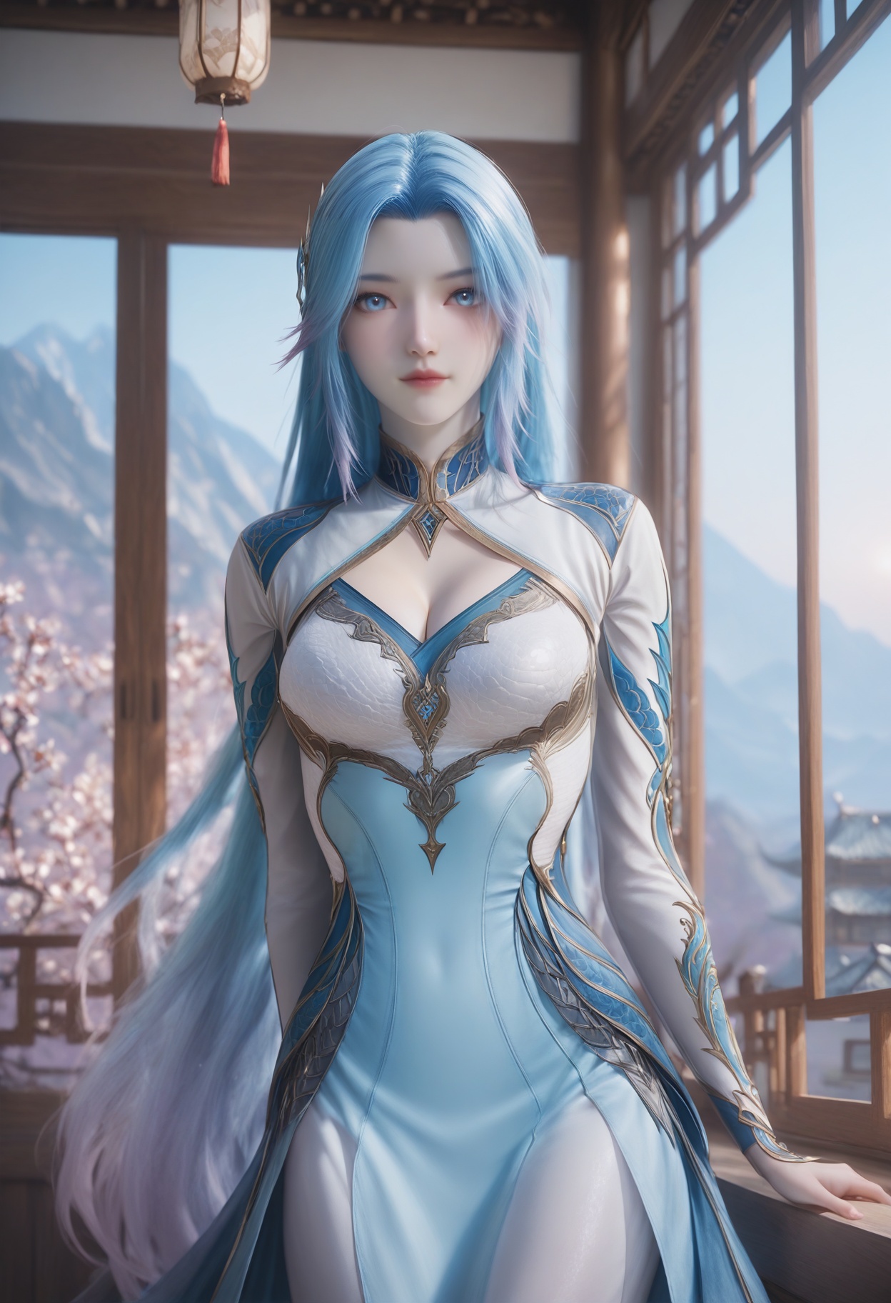 Wang_qiuer,1girl,solo,blue hair,multicolored hair,blue eyes,gradient hair,looking at viewer,very long hair,<lora:Wang_qiuer_10_illu-000005:0.75>,dress,clothing cutout,white dress,cleavage cutout,blue dress,photorealistic,hyperrealistic,<lora:realistic filter [IL]:1>,(pale skin:0.8),looking at viewer,standing,one hand on hip,lantern,open window,looking at viewer,indoors,mountains,blossoms,flowers,east asian architecture,beautiful sunrise,warm ambient temperature,