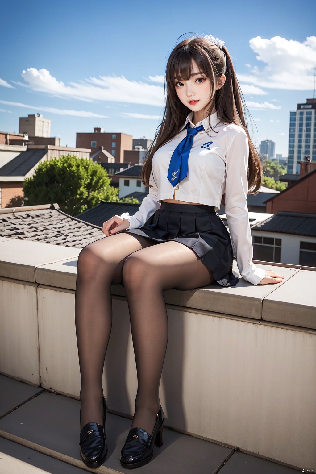 (best quality), ((masterpiece)), (highres), illustration, original, extremely detailed, 1girl, solo, pantyhose, long hair, solo, school uniform, skirt, black pantyhose, falling petals, hime cut, smile, open mouth, very long hair, , zettai ryouiki, navel, full body, from below, rooftop, sky, black_loafers, , black hair, sitting, fisheye, wind_lift,  luyijiushi,  1 girl,<lora:EMS-72397-EMS:0.400000>