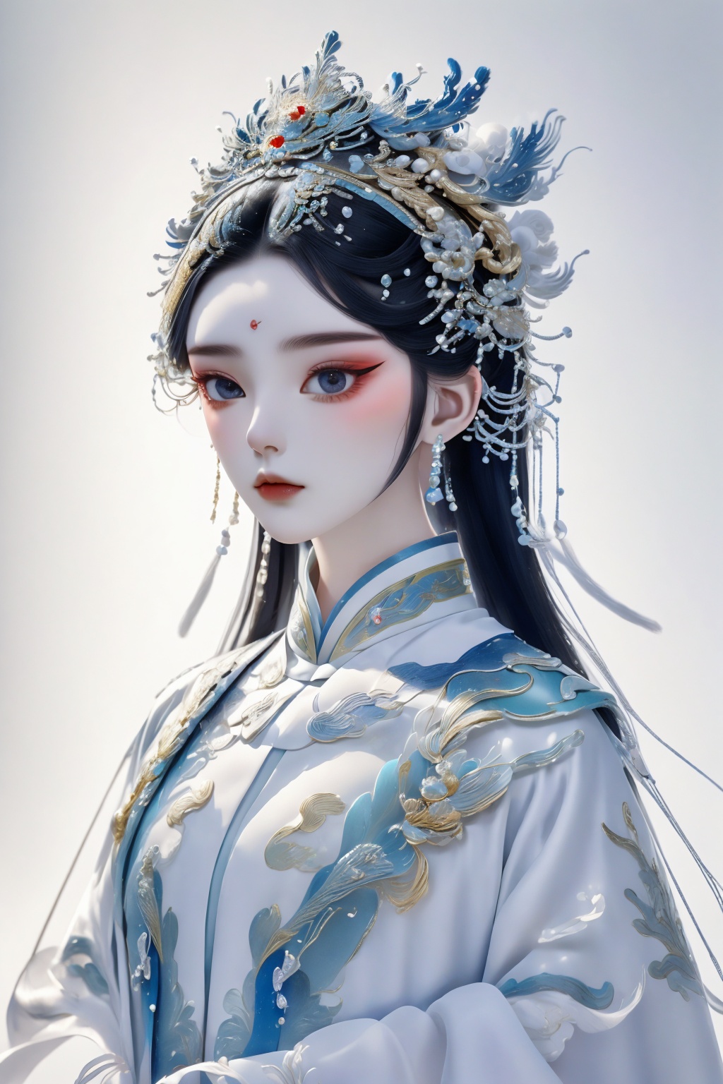 guofenghd ,1girl,upper body,costume,peking opera costumes,dramatic headwear,elegant temperament,exquisite facial features,exquisite makeup,white costume,large area blank space,simple background,dreamlike,minimalism,colored lead,traditional chinese realistic painting,ray tracing,16k,HD,highres,great work,masterpiece,extreme detail,full body