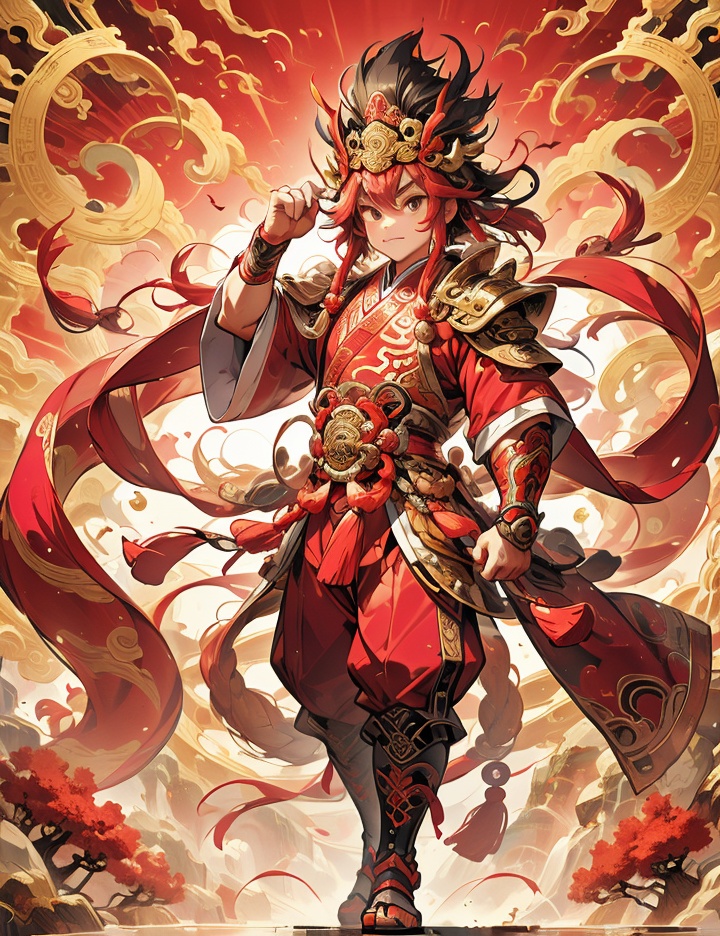 Thick color style, ancient Chinese mythology style, 1boy, holding a red tassel gun, wearing pink armor, stepping on fire wheels on his feet, cute