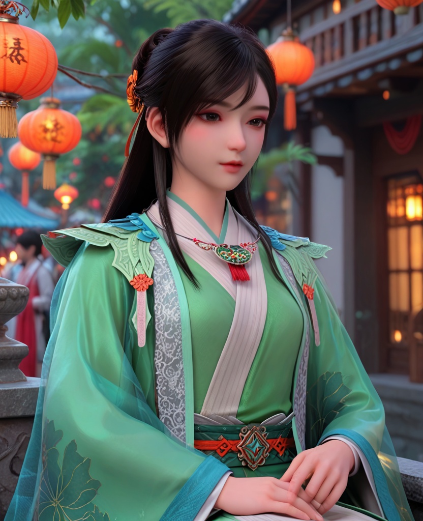 (oriental architecture, elegant decor, sophisticated style:1.1),(sitting on lap:1.1),(breasts:1.2),<lora:XL少年歌行叶若依:0.95>,miss yeruoyi,green dress,see-through robe,necklace,black hair,long hair,gray eyes,hair ornament,floral print,bangs,sash,hair bun,lips,, score_9,score_8_up,score_7_up,score_6_up,score_5_up,score_4_up,3d rendering,tag1,tag2, Cinematic Lighting,backlighting,