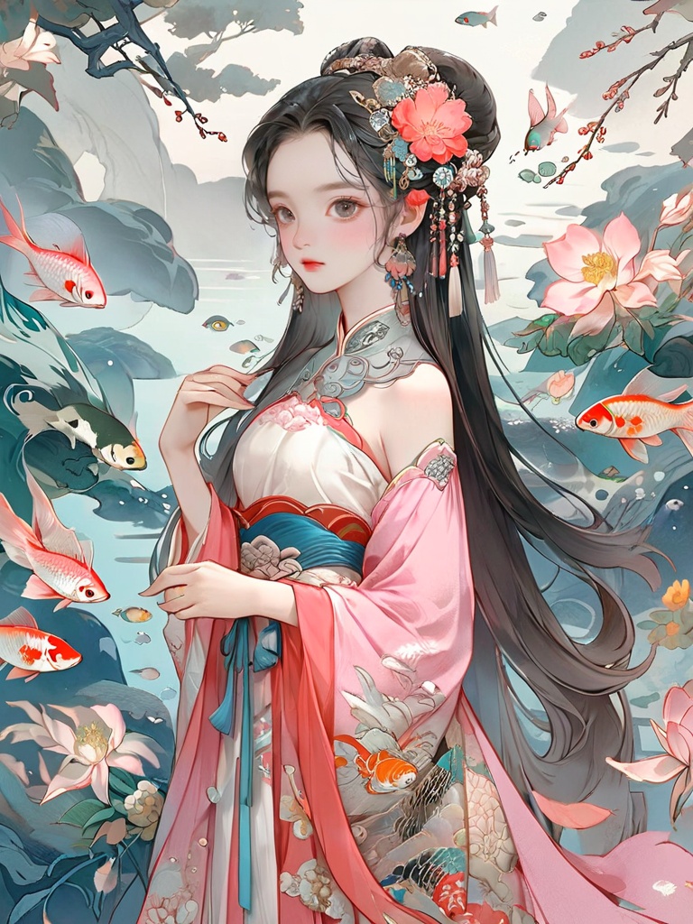 guofeng,Illustrated,1girl,black eyes,long hair,super precise depiction,(flowers),multiple colors,high definition,Rich in intricate details. 8K,illustration,crazy colors,tress,(full body:2),wide shot,fish,1girl,hanfu,pink,off-shoulder,<lora:Dream Scenery XL:0.5>,<lora:国风插画SDXL:0.8>,<lora:20230923-1695416757638:0.8>,