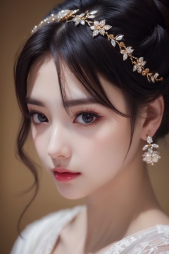 1girl,solo,looking at viewer,black hair,hair ornament,jewelry,closed mouth,upper body,earrings,hair flower,updo,(high quality),best quality,(4k),8k,super detailed,(full detail),(masterpiece),(realistic),super detailed,(Exquisite details),intricate,