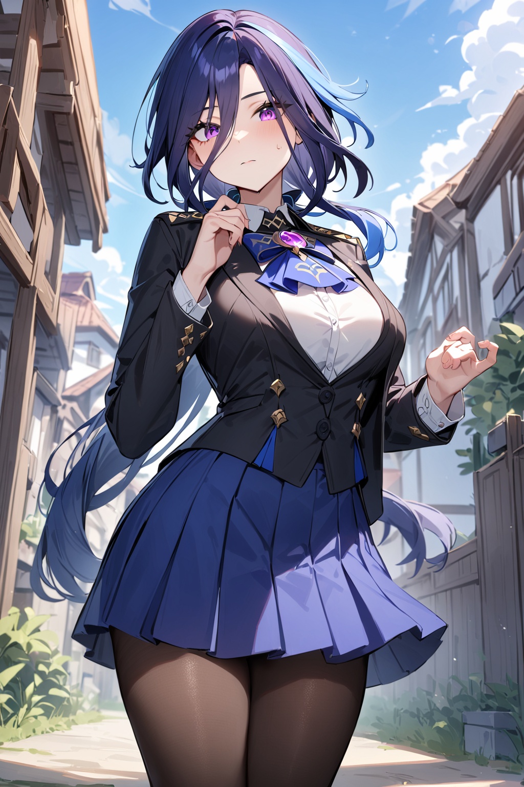 masterpiece,best quality,very aesthetic,absurdres,<lora:clorindeXL-000001:0.5>,clorinde \(genshin impact\),1girl,solo,purple eyes,low ponytail,blue hair,looking at viewer,school uniform, black pantyhose, outdoors,standing,