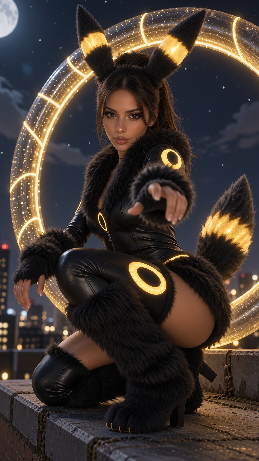 ChiaraX,  long dark brown hair tied in a high ponytail with center-parted face-framing strands,  3/4 body civitai thumbnai...