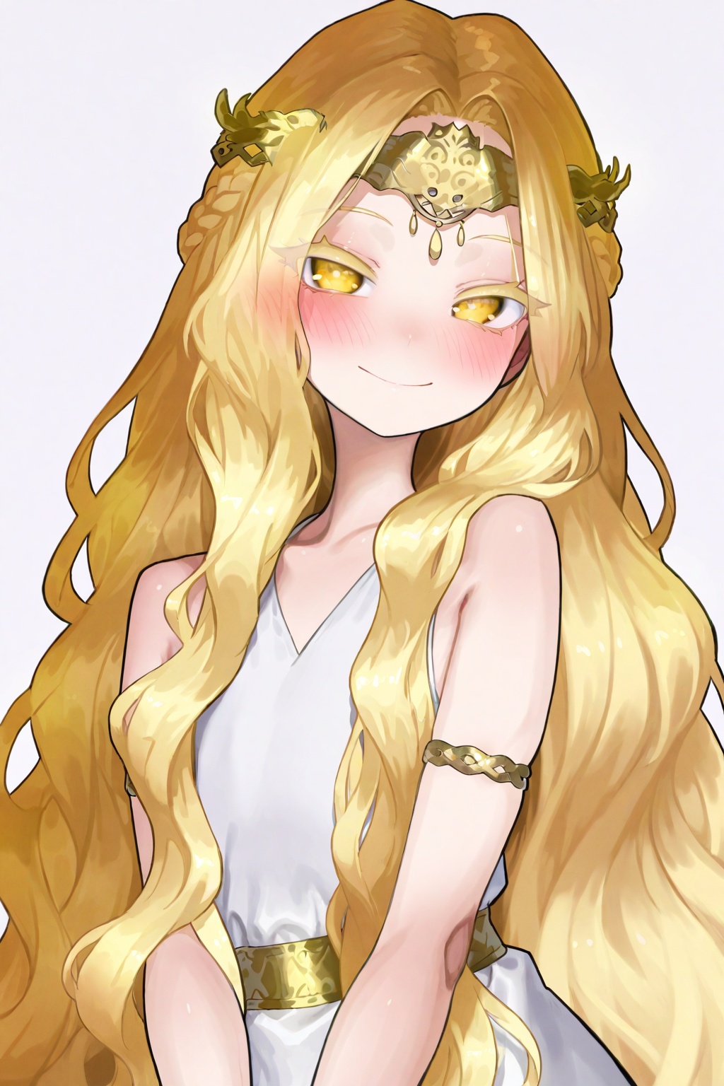 highres,absurdres,Visual impact,masterpiece,best quality,very aesthetic,amazing quality,very awa,newest,<lora:EkreaJan-Style-000050>,\\,otoko no ko, 1boy, blonde hair, male focus, long hair, yellow eyes, solo, blush, dress, smile, androgynous, very long hair, simple background, looking at viewer, closed mouth, armlet, white dress, white background, sleeveless, circlet, braid, bare shoulders, wavy hair, upper body, colored eyelashes