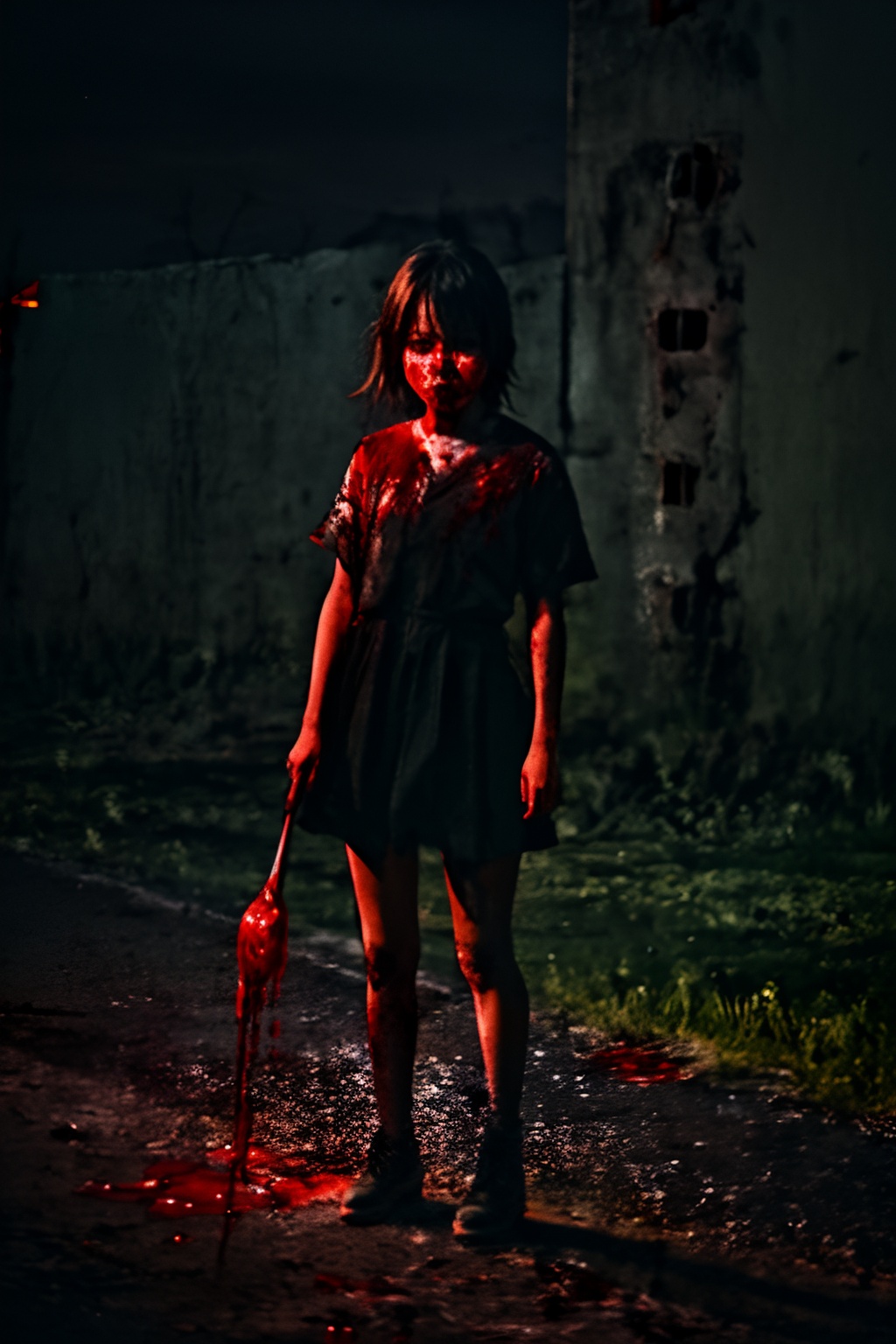 1girl,<lora:loneliness_15_v2>,night,dark,1girl,blood on face,scared,holding a bone,full body,outdoors,