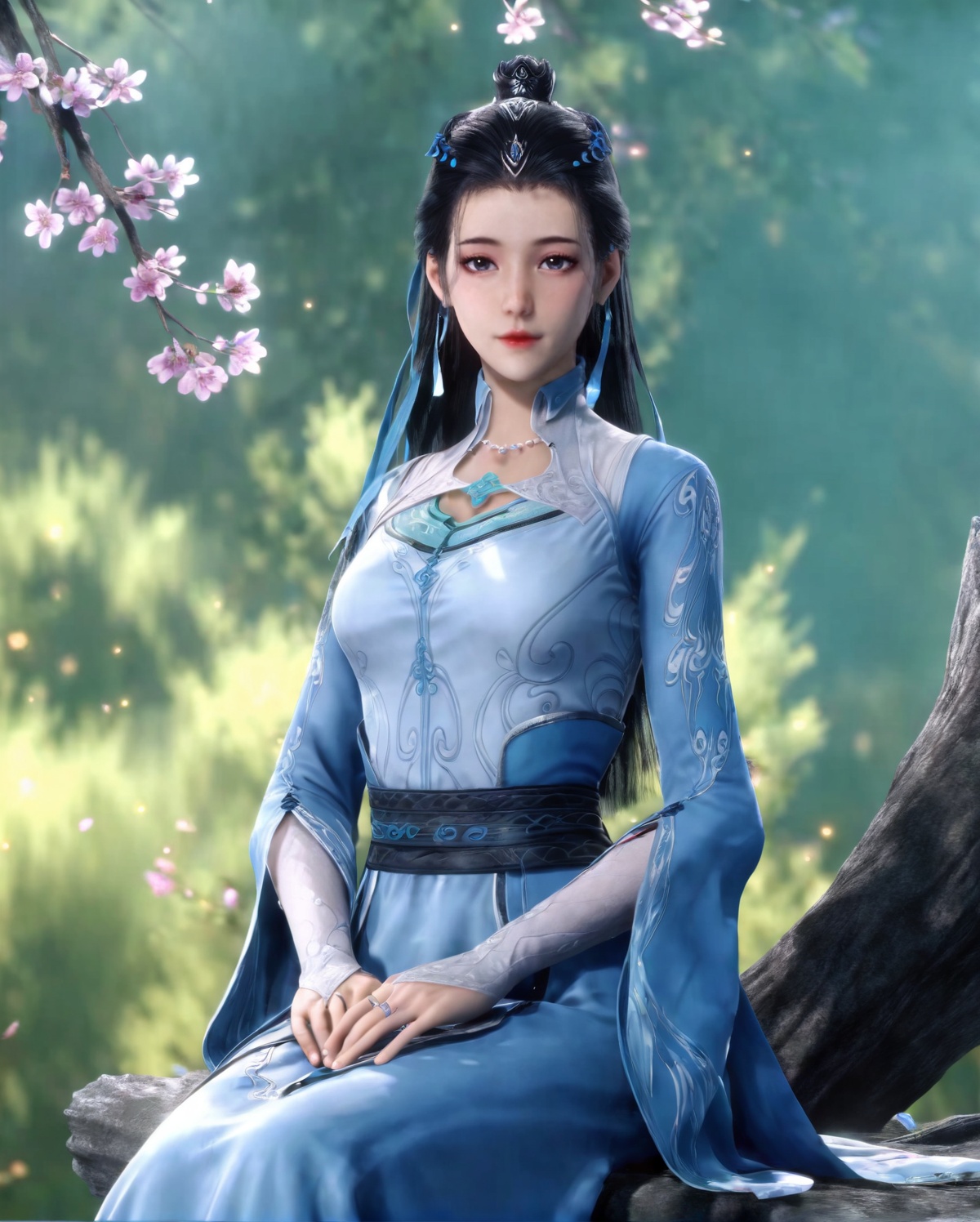 <lora:SF_WanJiangYu_Pony_Realism-000003:0.7>,1girl,solo,flower,dress,earrings,detached sleeves,hair ornament,jewelry,sitting,looking at viewer,branch,black hair,long hair,hair bun,blue dress,