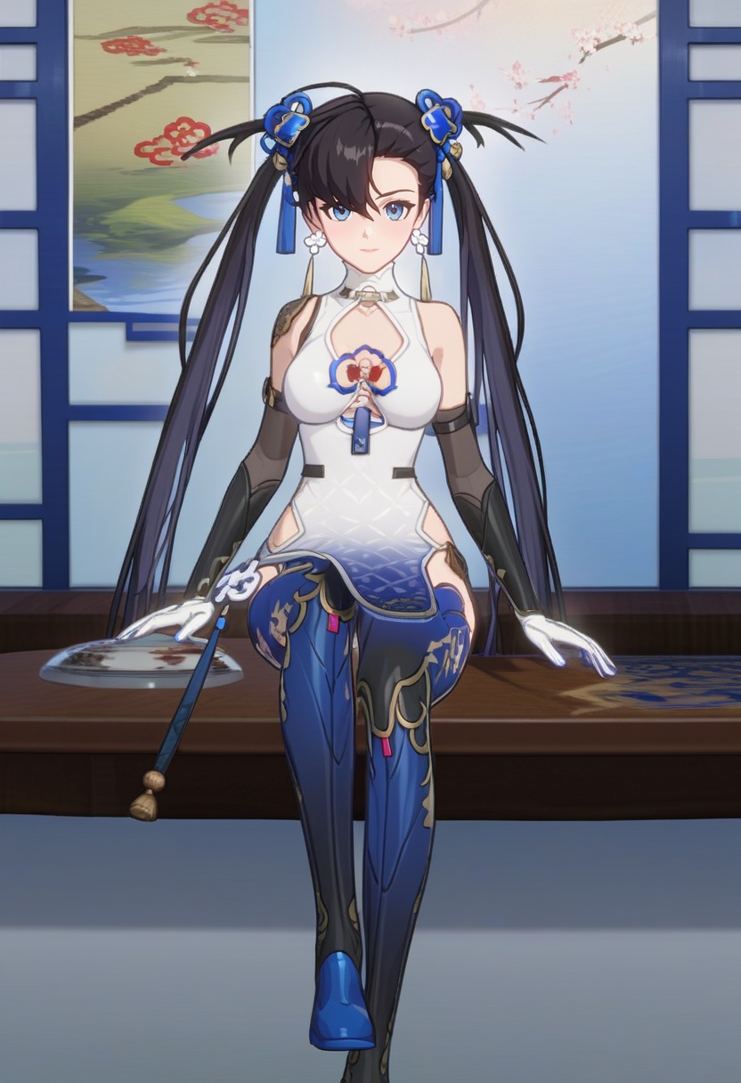 (yulan1*1.2), score_9,score_8_up,score_7_up,source_anime,rating_explicit,source_anime,official art,painting (medium), ALD, 1girl, solo, gloves, dress, breasts, chinese clothes, thighhighs, china dress, jewelry, bare shoulders, white dress, white gloves, medium breasts, clothing cutout, elbow gloves, cleavage, full body, <lora:yulan-pony:0.8>, looking at viewer, close up, indoors, sitting on table