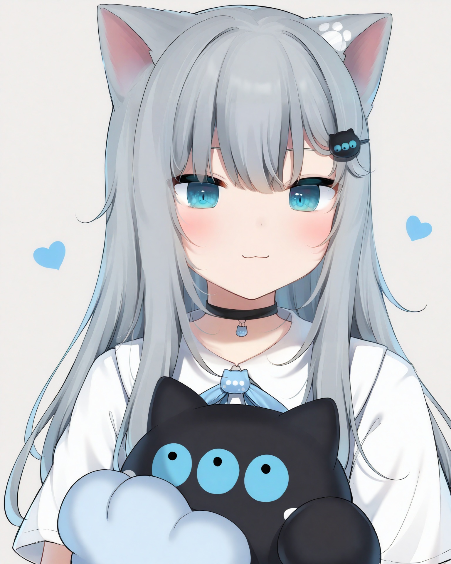 Best-A, amashiro_natsuki, Nachoneko_\(amashiro_natsuki\), 1girl, animal_ears, cat_ears, solo, long_hair, hair_ornament, looking_at_viewer, heart, virtual_youtuber, white_background, :3, choker, blush, upper_body, shirt, simple_background, blue_eyes, bangs, grey_hair, white_shirt, cat_girl, stuffed_toypaw_in_eyes