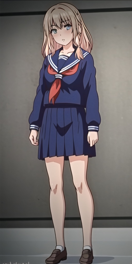 1girl,solo,perfect face,look at viewer,standing,full body,bangs,braid,eyebrows visible through hair,parted lips,blush,blonde hair blue eyes,blue serafuku,blue pleated skirt,long sleeves,pleated skirt,red neckerchief,school uniform,masterpiece,best quality,highly detailed,