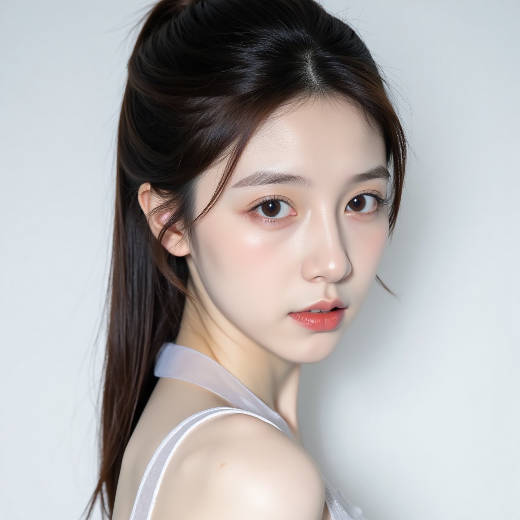 one lady,Asian girl,girl,high ponytail,long hair,white transparent condole belt,white skin,light outline,atmosphere,soft beauty,front,close-up,exquisite facial features,South Korea beauty,white and bright,