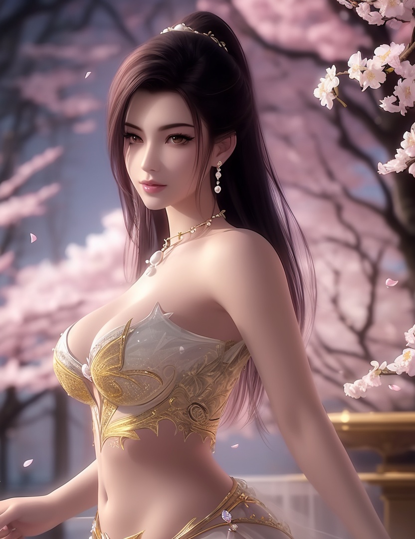 ultra realistic 8k cg, picture-perfect face, flawless, clean, masterpiece, professional artwork, famous artwork, cinematic lighting, cinematic bloom, perfect face, beautiful face, fantasy, dreamlike, unreal, science fiction,  beautiful clothes, lace, lace trim, lace-trimmed legwear,  (rich:1.4), prestige, luxury, jewelry, diamond, gold, pearl, gem, sapphire, ruby, emerald, intricate detail, delicate pattern, charming, alluring, seductive, erotic, enchanting, hair ornament, necklace, earrings, bracelet, armlet,halo((,1girl, pov,))(((,cherry blossoms, 1girl, solo, petals,looking at viewer, large breasts, hair flower, flower, outdoors, )))  <lora:DA_CaoNvYaoNightwear:0.6>