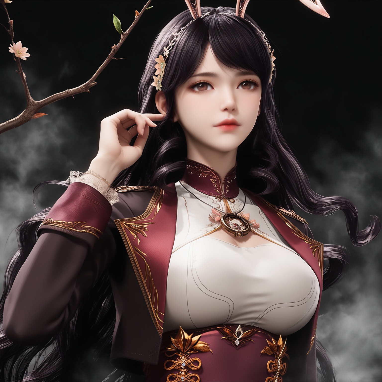 (score_9),masterpiece,best quality,absurdres,highres,BREAK(white_skin),collarbone,<lora:江楠楠-ill:0.85>,1girl,solo,black hair,long hair,hair ornament,hair flower,brown eyes,jewelry,rabbit ears,fake animal ears,cropped jacket,collarbone,(large breasts),puffy chest,large breasts,looking at viewer,front view,upper body,BREAKsimple background,black background,Tyndall effect,fog,branch,twig,