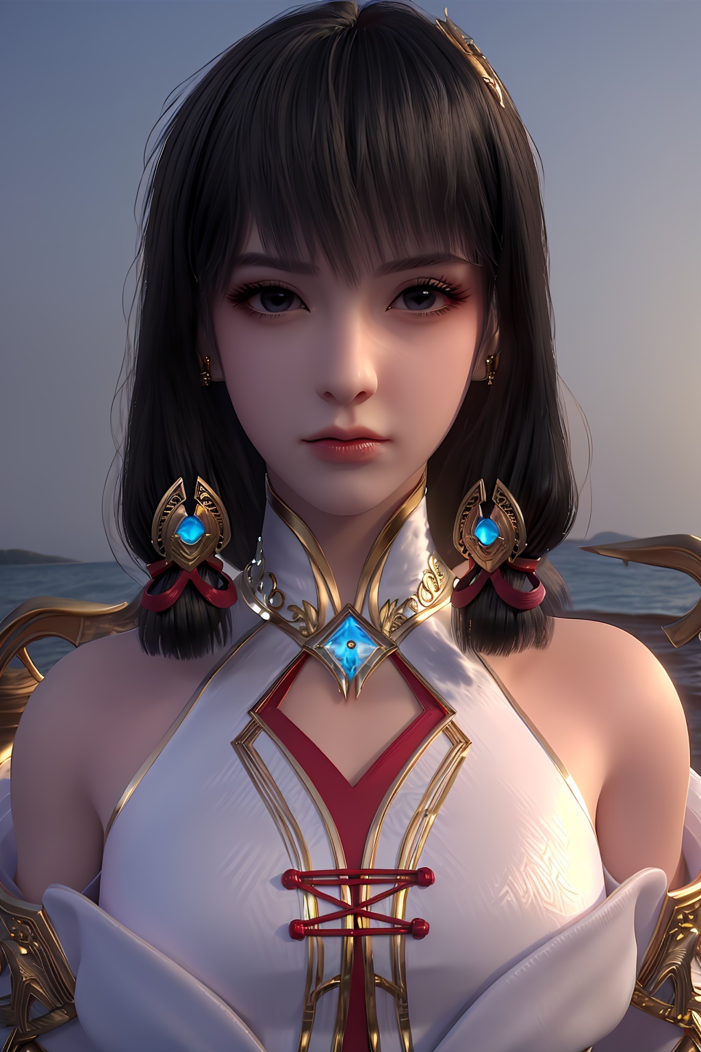 3D,masterpiece,(best quality),(makeup),official art, extremely detailed cg 8k wallpaper,((crystalstexture skin)), (extremely delicate and beautiful),(highly detailed),(face),(1girl), (solo), (jewelry), (earrings),(black_hair),(long_hair),(hair_ornament),(handwear),(breasts),(collar),(hair_tubes),(tassel),(gold_trim),,((upper_body)),(off-shoulder_dress),,(multicolored_clothes),(multicolored_dress),(closed_mouth),(shiny_clothes),(shoulder_armor),(sunshine, outdoor,),((looking_at_viewer)),((Facing the camera)),, <lora:hipoly3DModelLora_v10:0.3>