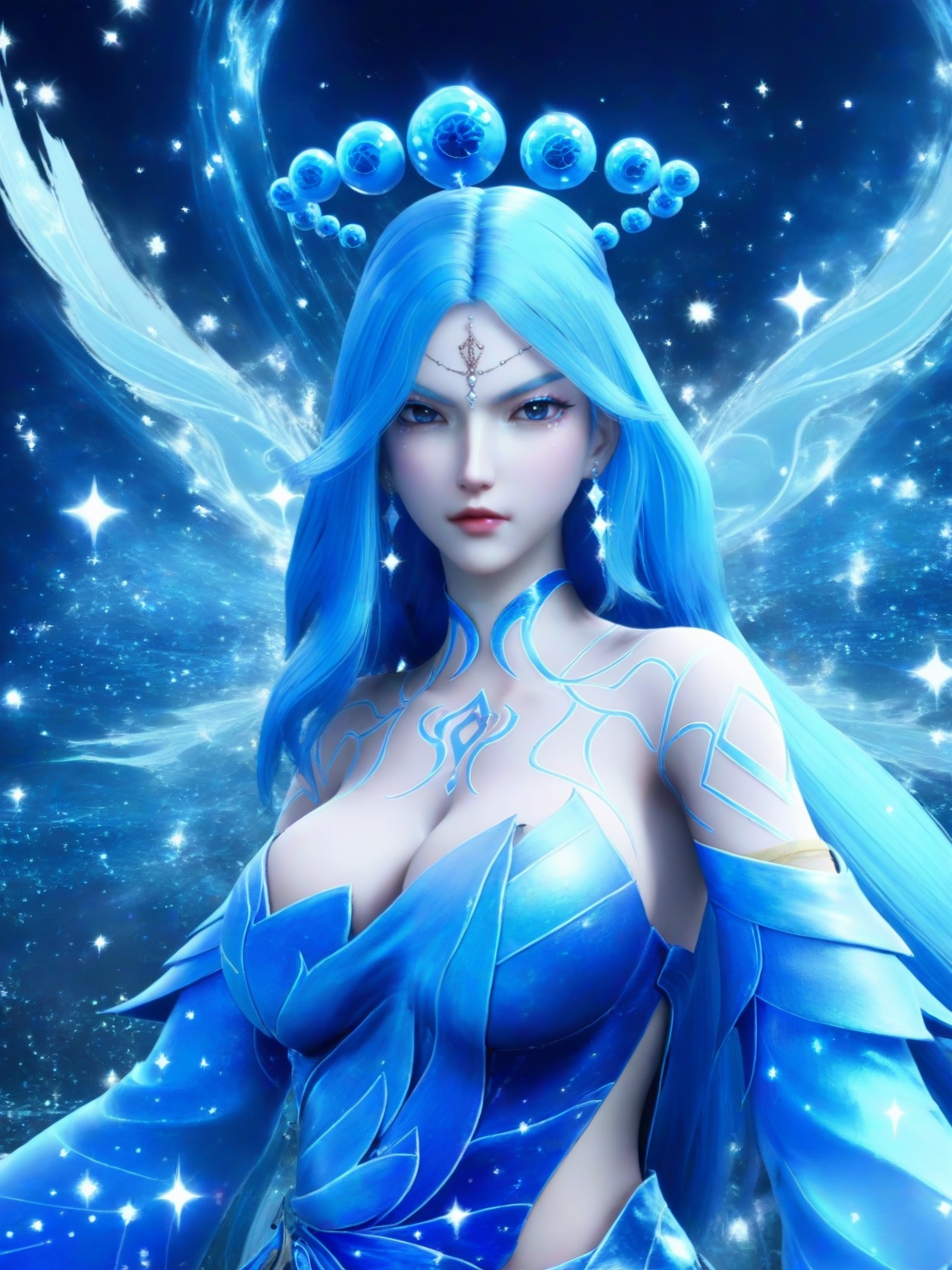 score_9,1girl,solo,dress,long hair,standing,forehead mark,forehead jewel,earrings,hair ornament,blue hair,detached sleeves,large breasts,sparkle,cleavage,standing,upper body,lipstick,looking at viewer,<lora:SF_LiShaoYing_Pony_Realism2.3-000004:0.7>,